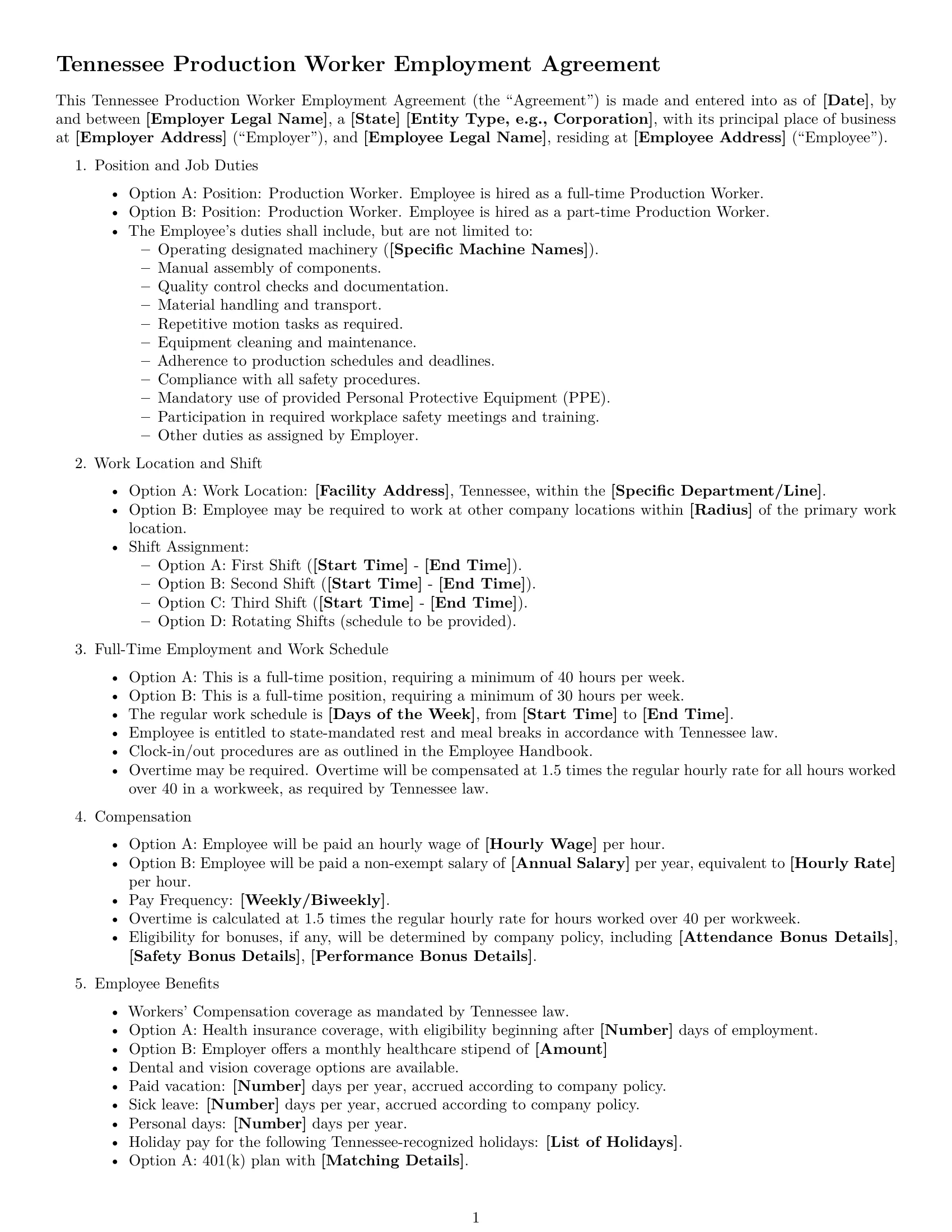 Preview page 1 of Free Tennessee production worker employment contract template