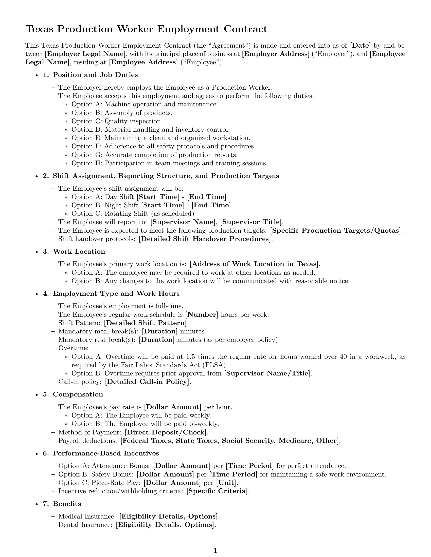 Preview page 1 of Free Texas production worker employment contract template