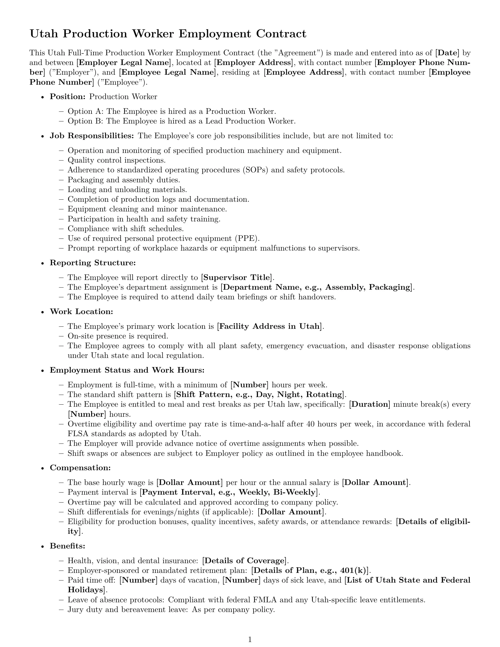 Preview page 1 of Free Utah production worker employment contract template