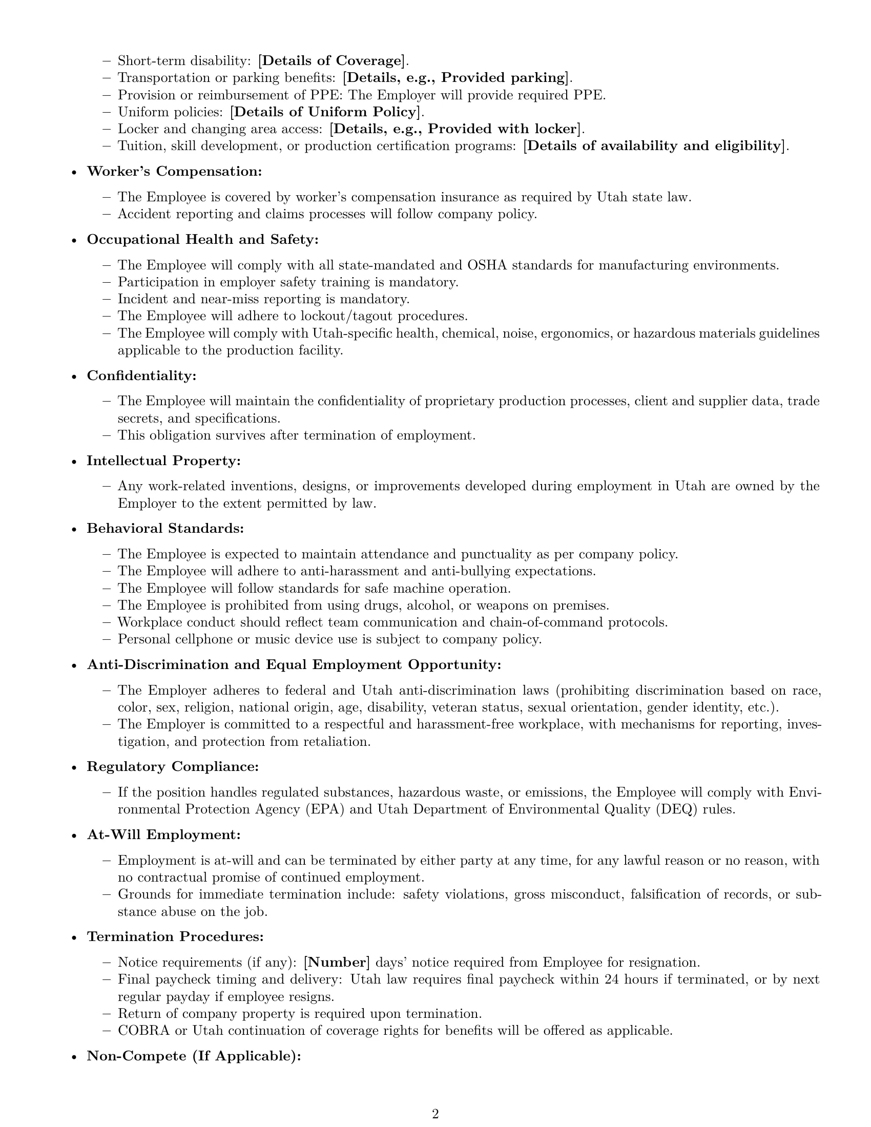 Preview page 2 of Free Utah production worker employment contract template