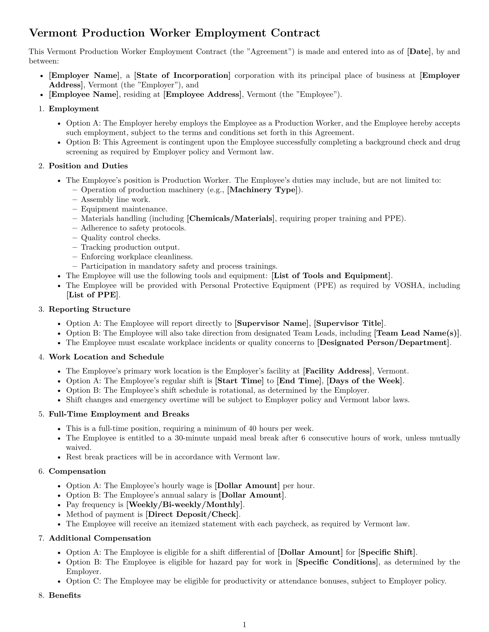 Preview page 1 of Free Vermont production worker employment contract template