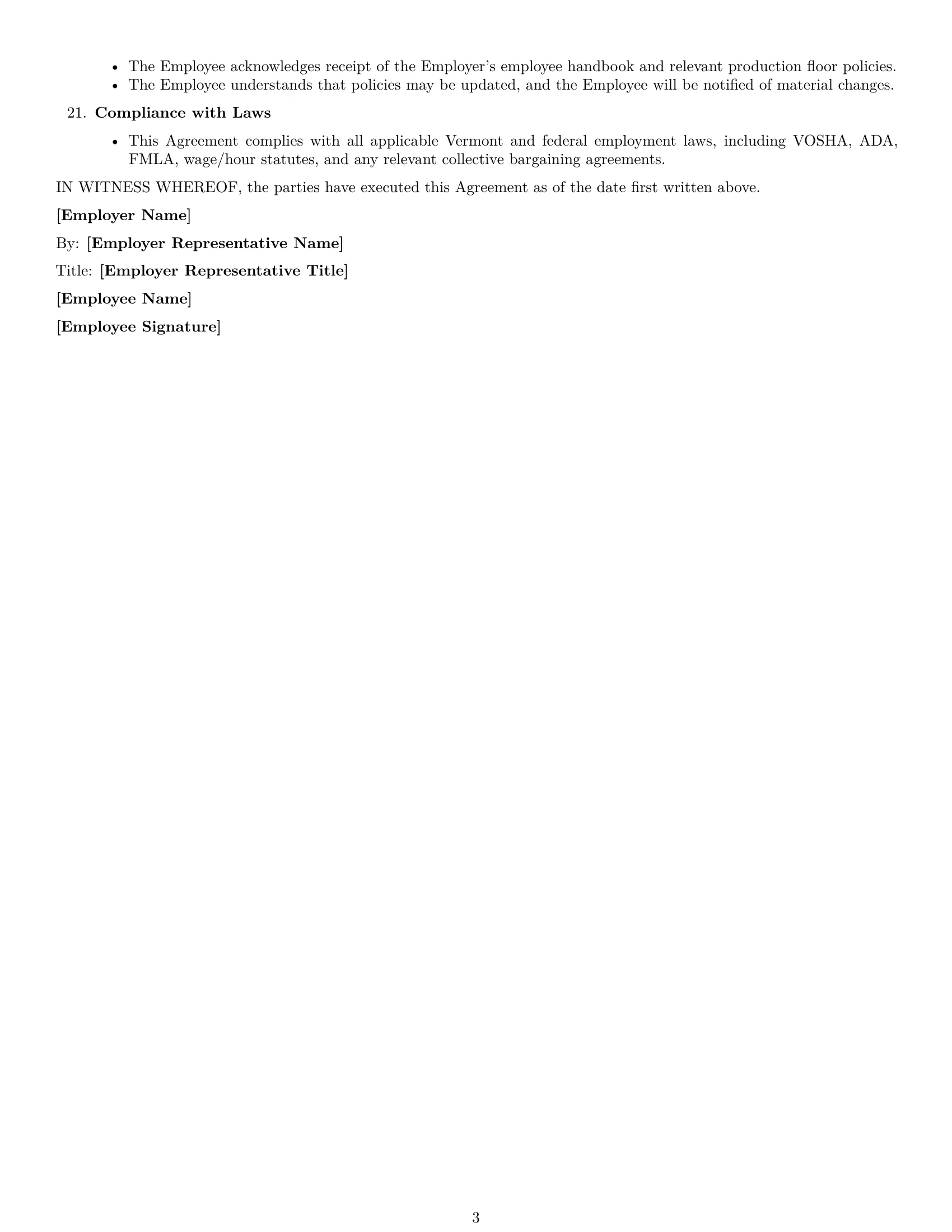 Preview page 3 of Free Vermont production worker employment contract template