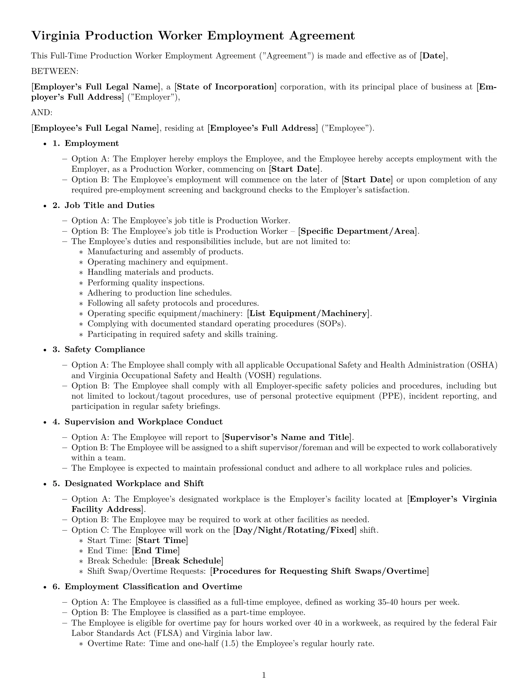 Preview page 1 of Free Virginia production worker employment contract template