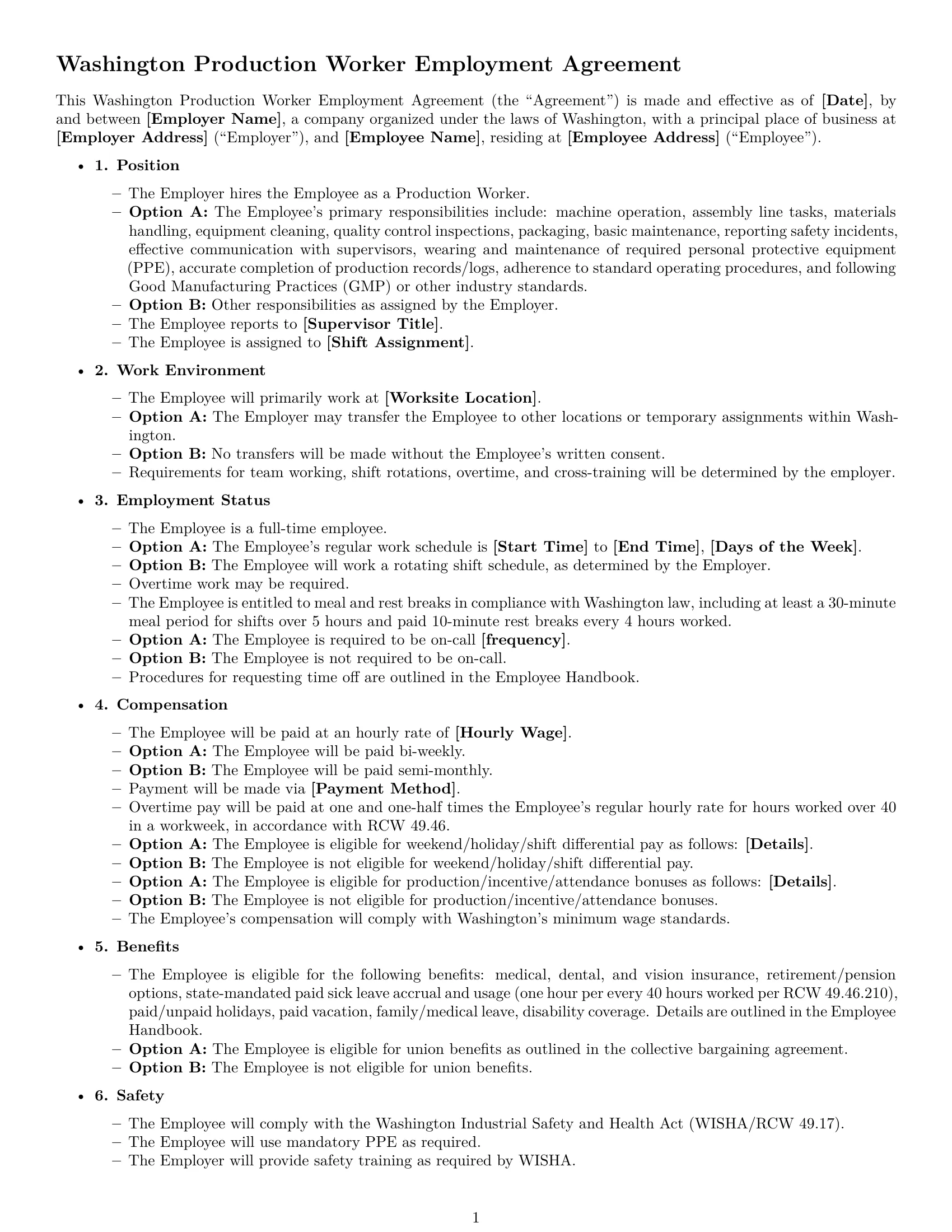 Preview page 1 of Free Washington production worker employment contract template