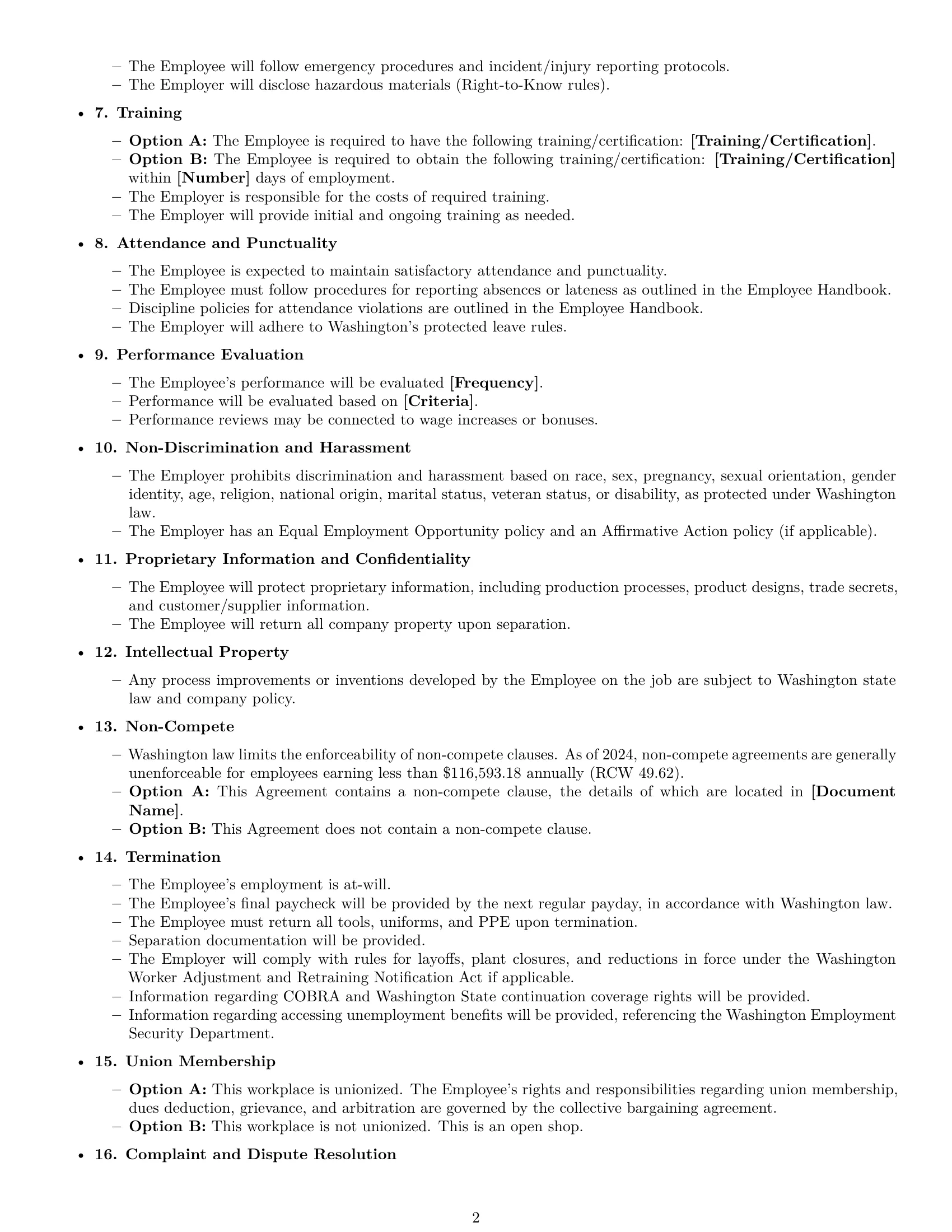 Preview page 2 of Free Washington production worker employment contract template