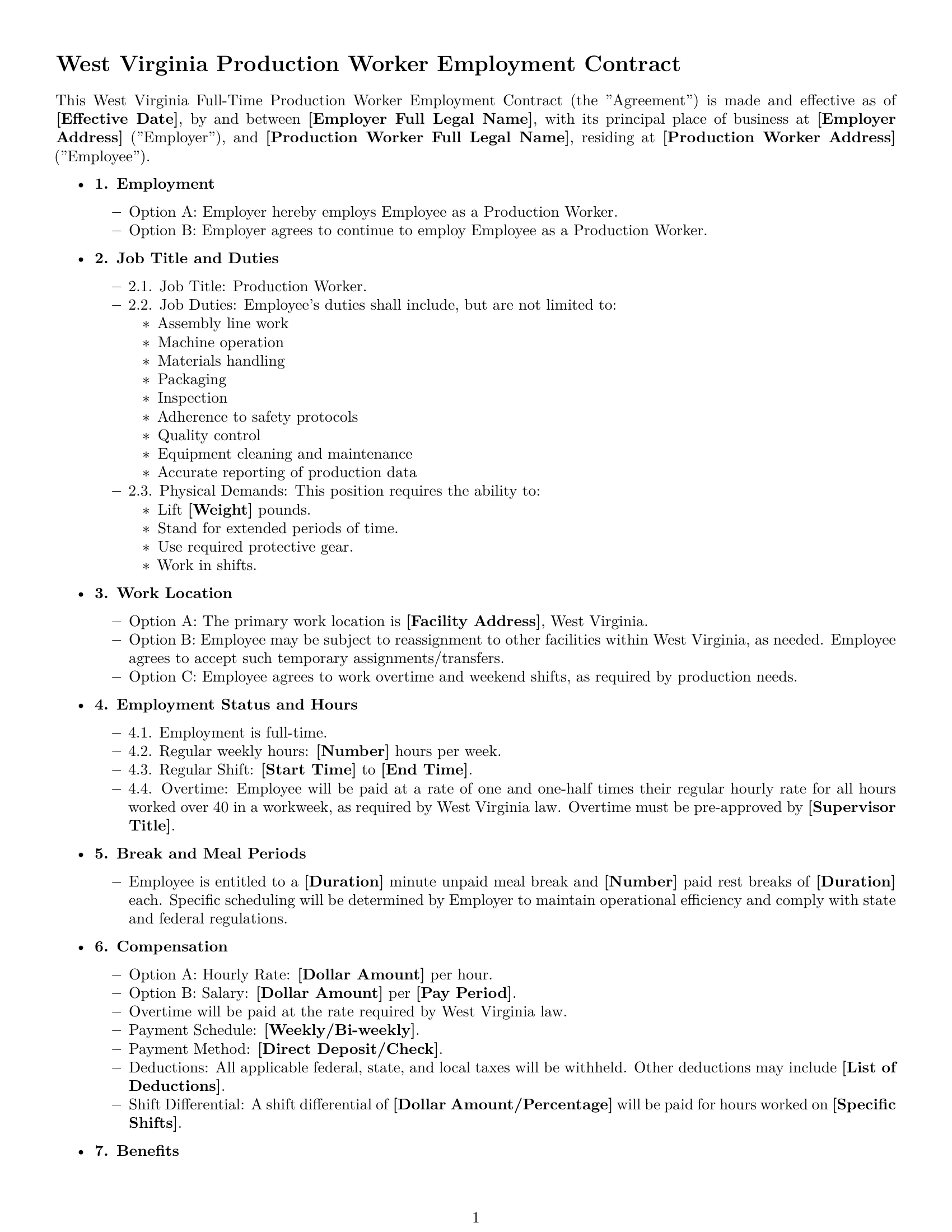 Preview page 1 of Free West Virginia production worker employment contract template
