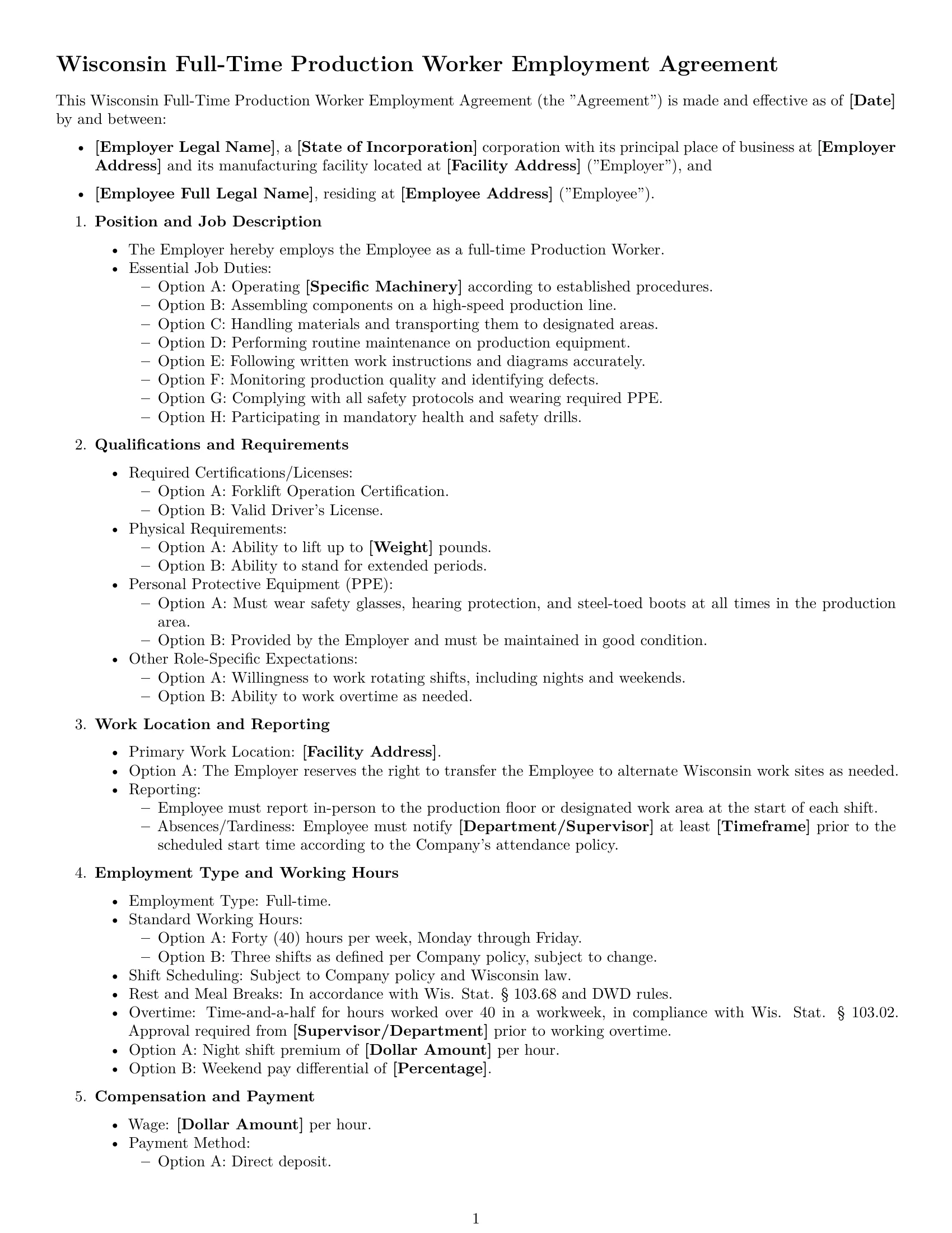 Preview page 1 of Free Wisconsin production worker employment contract template