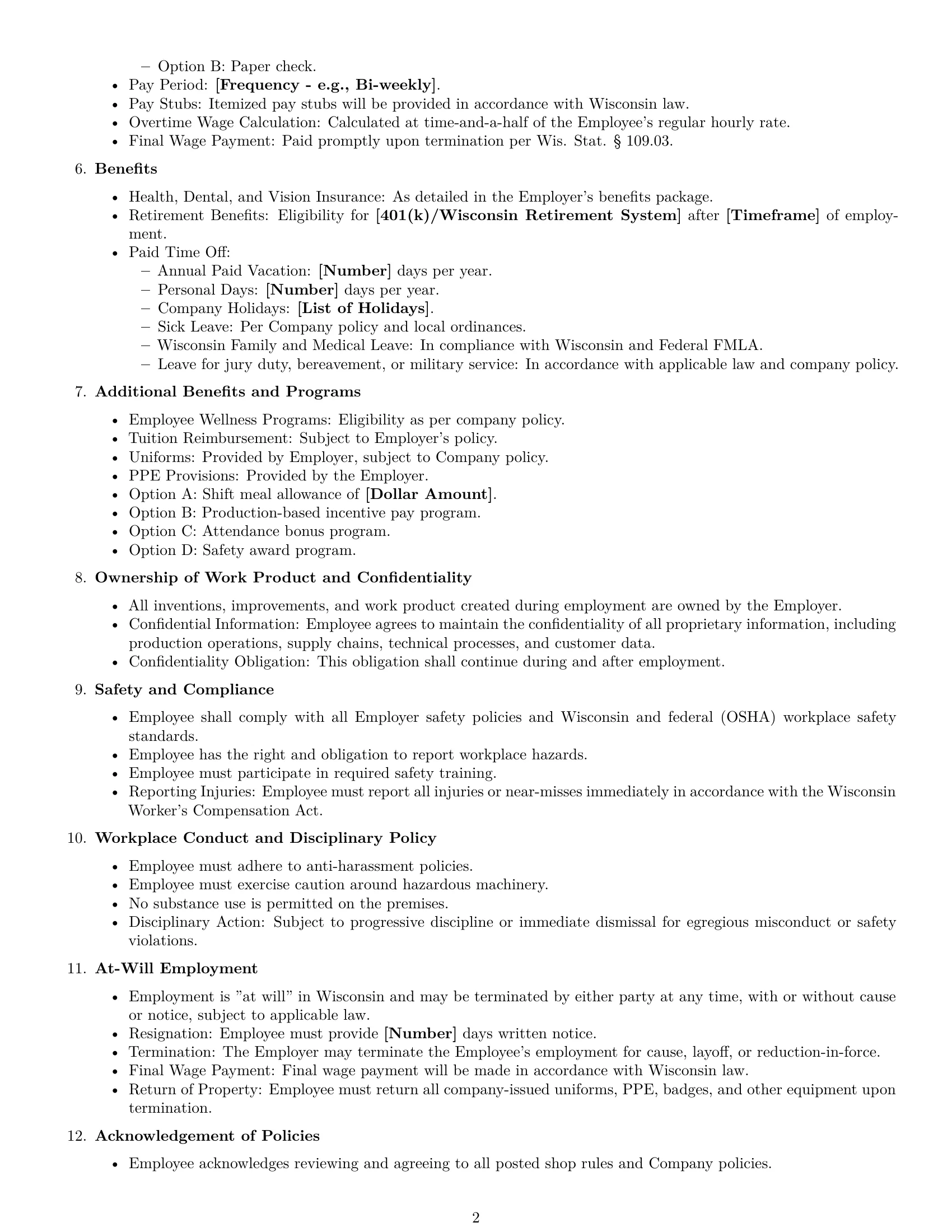 Preview page 2 of Free Wisconsin production worker employment contract template