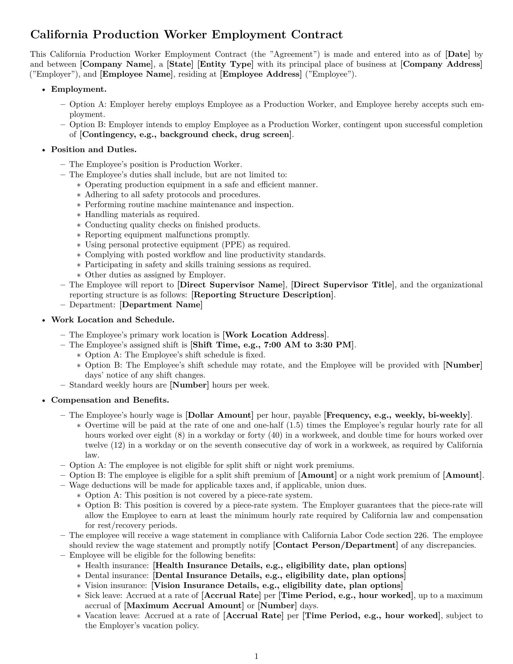 Preview page 1 of Free California production worker employment contract template