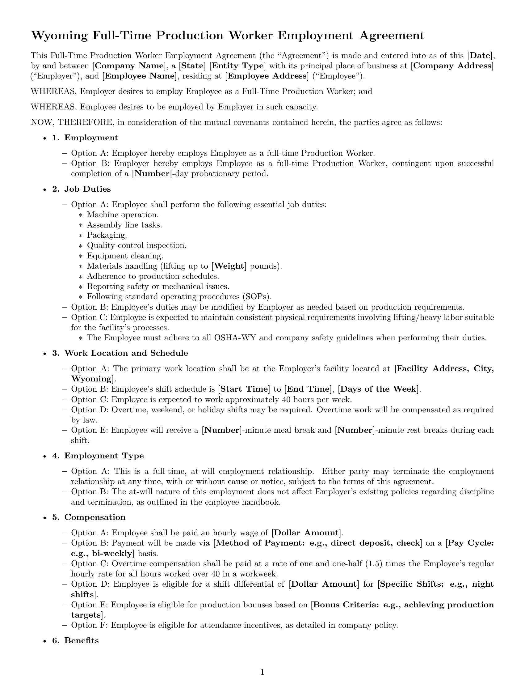 Preview page 1 of Free Wyoming production worker employment contract template