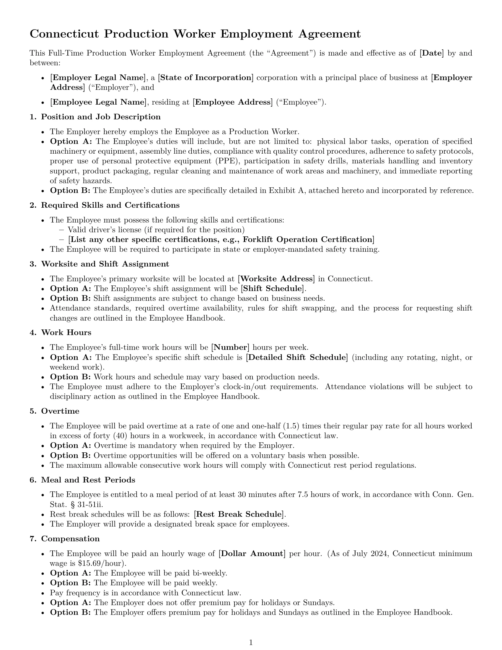 Preview page 1 of Free Connecticut production worker employment contract template