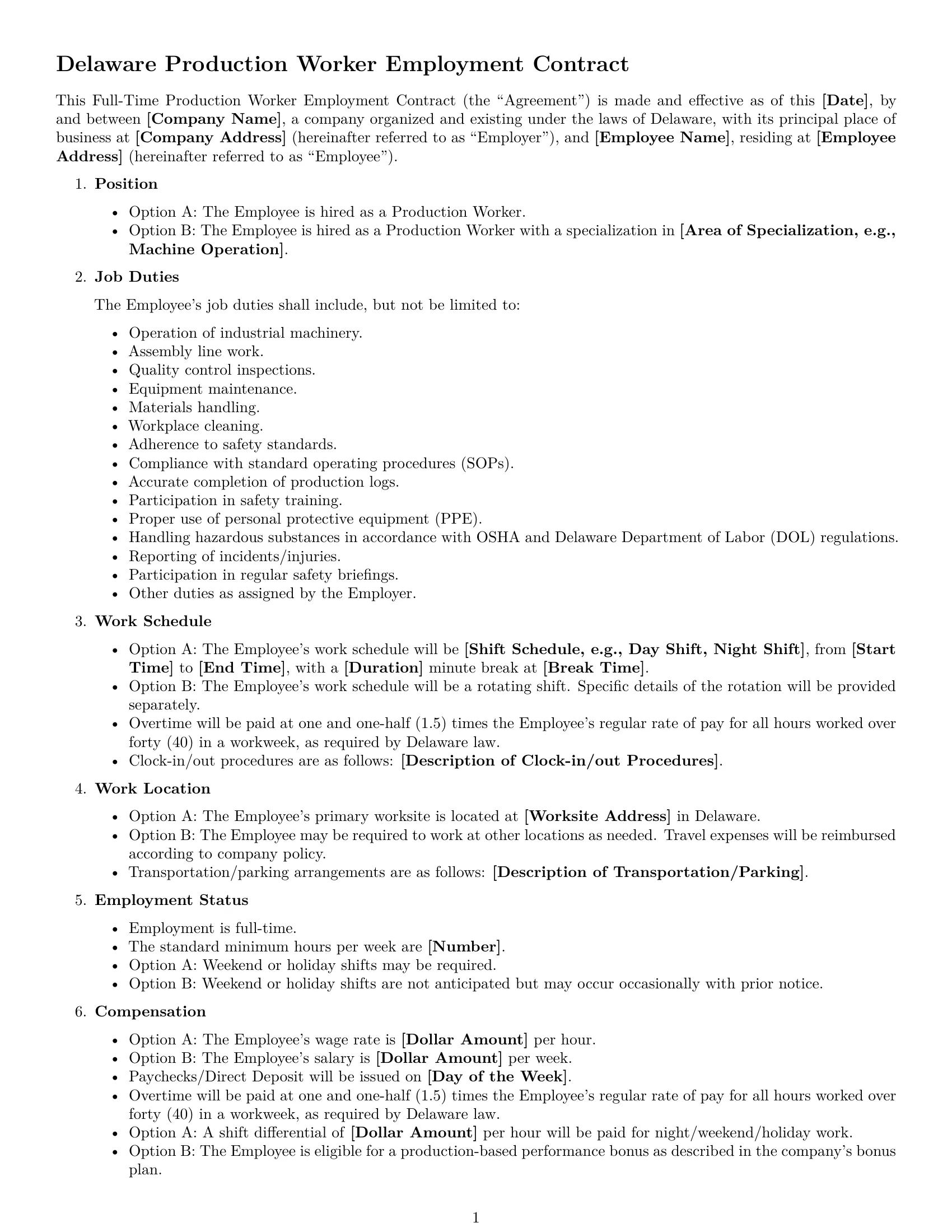 Preview page 1 of Free Delaware production worker employment contract template
