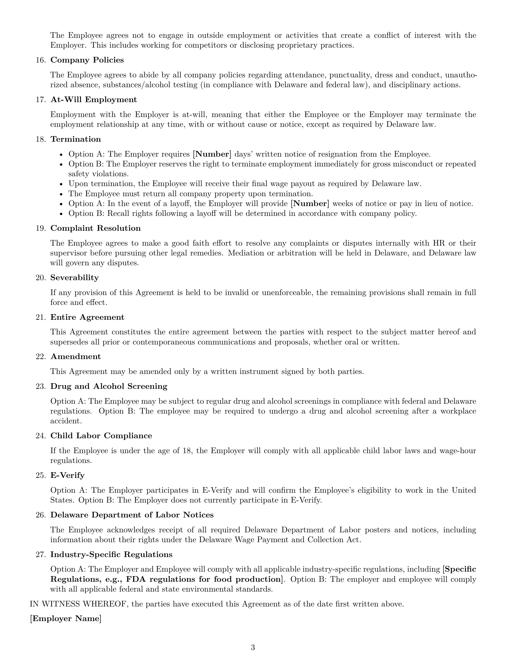 Preview page 3 of Free Delaware production worker employment contract template
