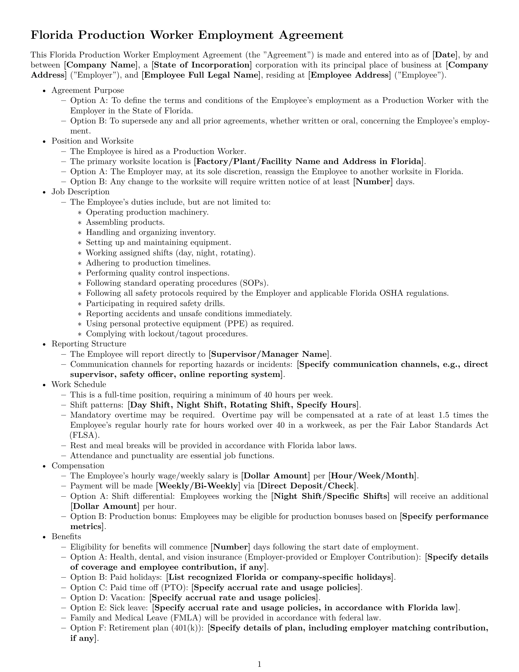 Preview page 1 of Free Florida production worker employment contract template