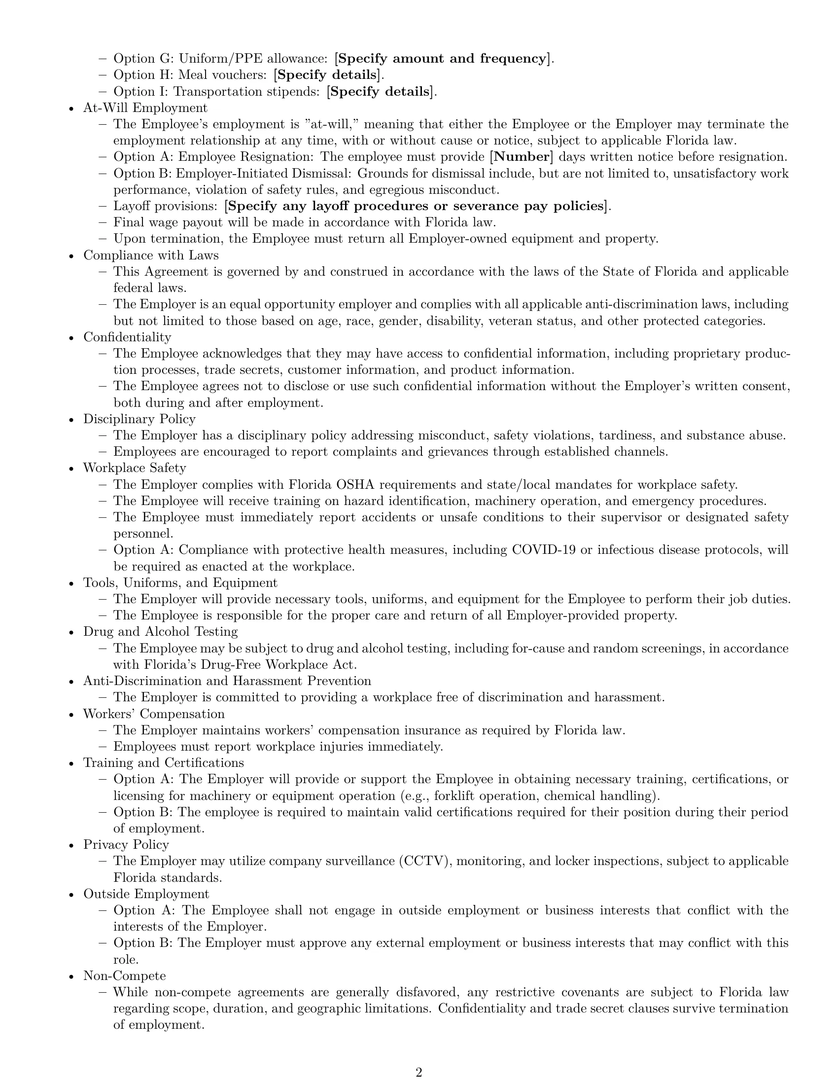 Preview page 2 of Free Florida production worker employment contract template