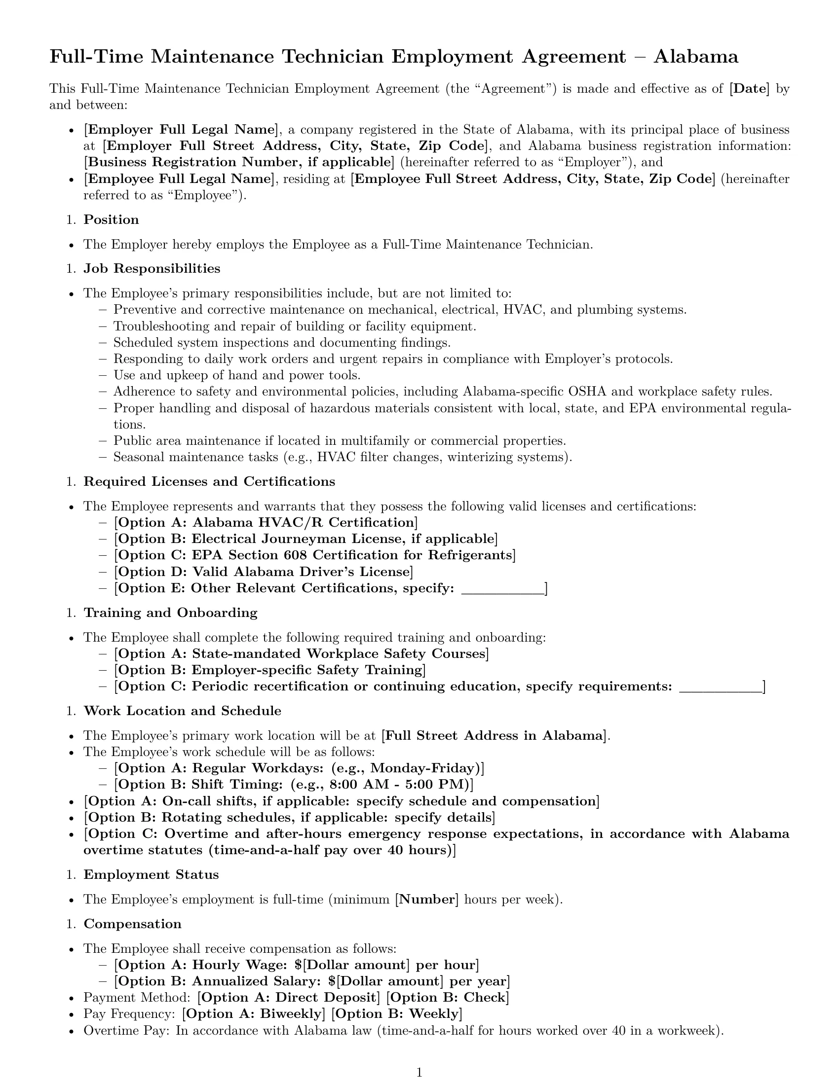 Preview page 1 of Free Alabama maintenance technician employment contract template