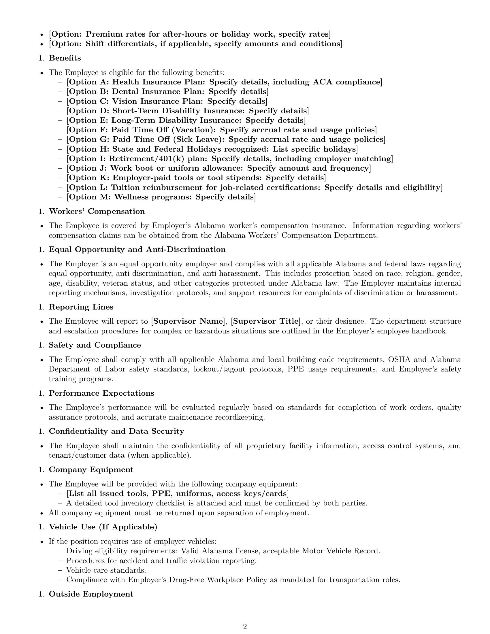 Preview page 2 of Free Alabama maintenance technician employment contract template