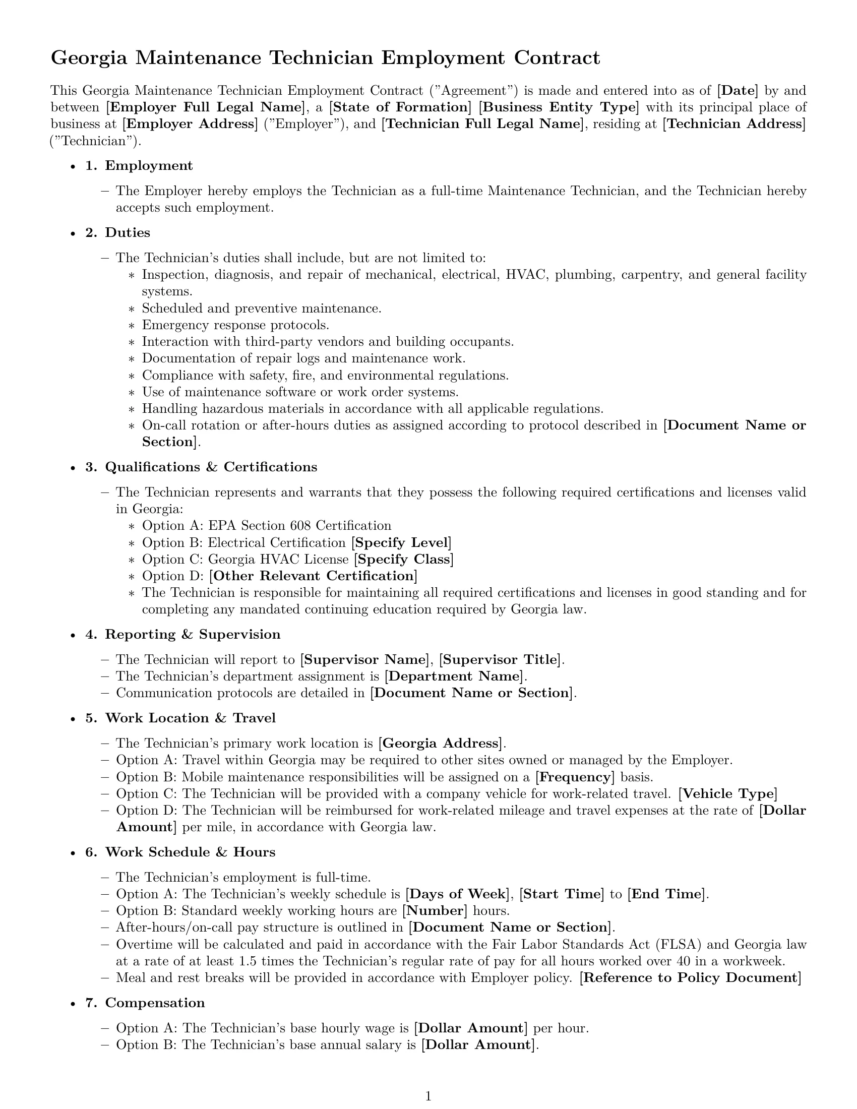 Preview page 1 of Free Georgia maintenance technician employment contract template