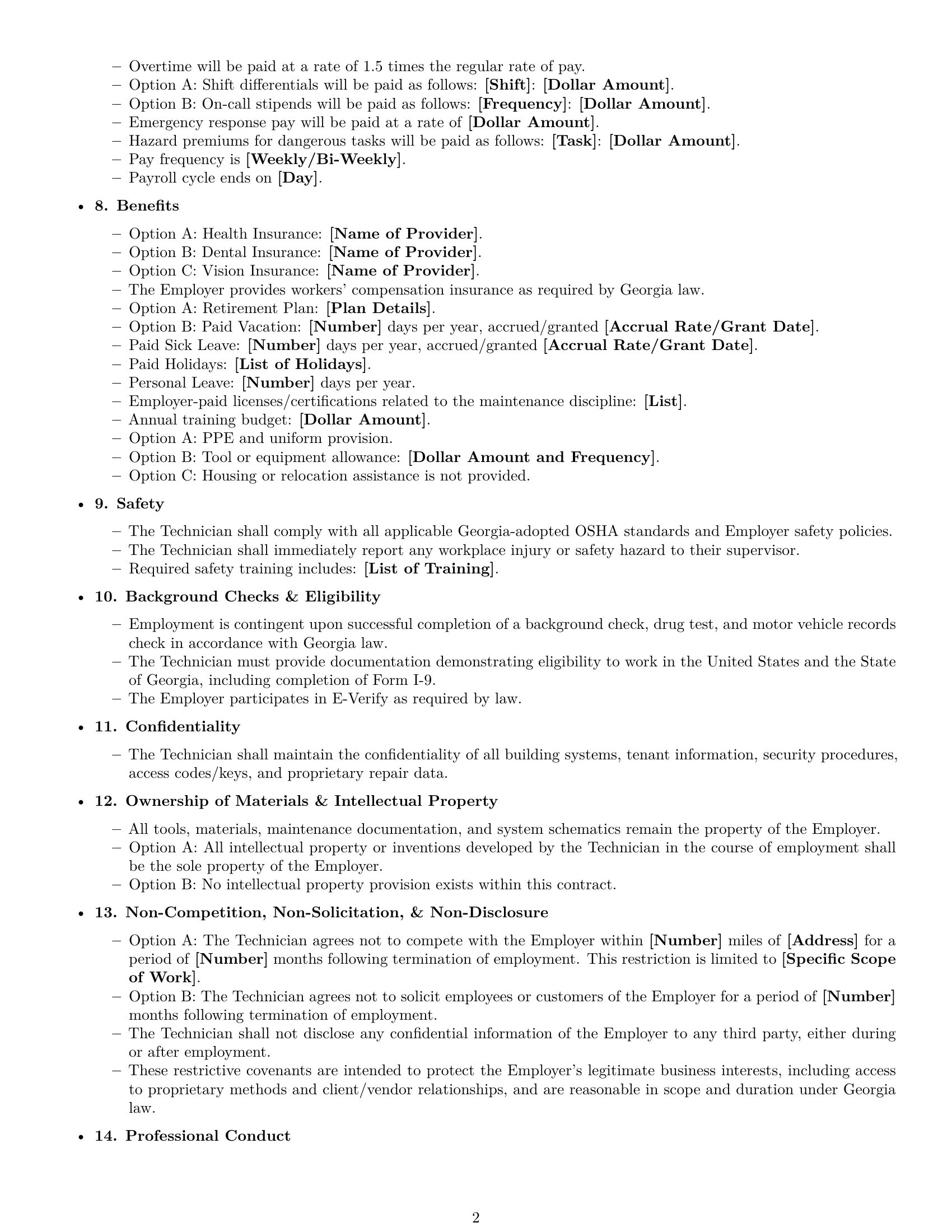 Preview page 2 of Free Georgia maintenance technician employment contract template