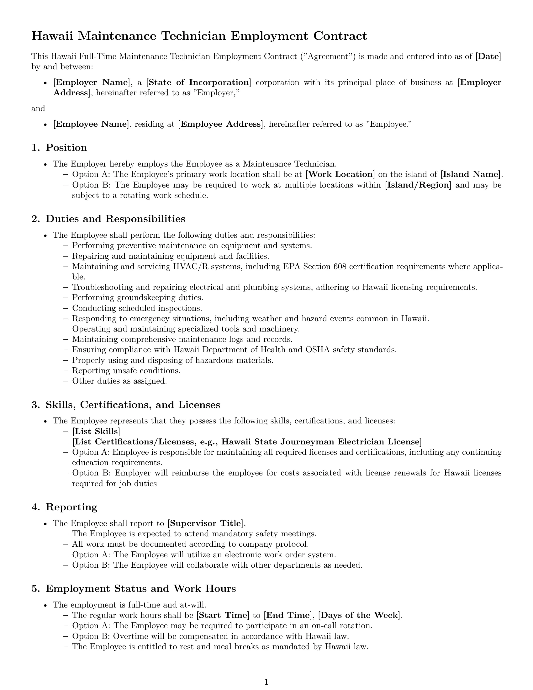 Preview page 1 of Free Hawaii maintenance technician employment contract template