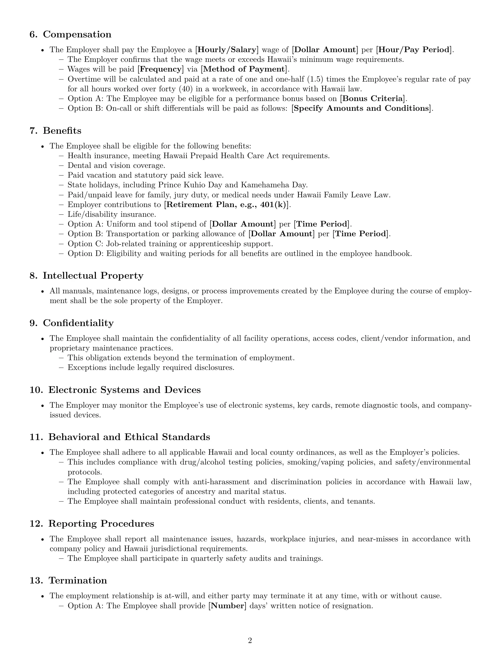 Preview page 2 of Free Hawaii maintenance technician employment contract template