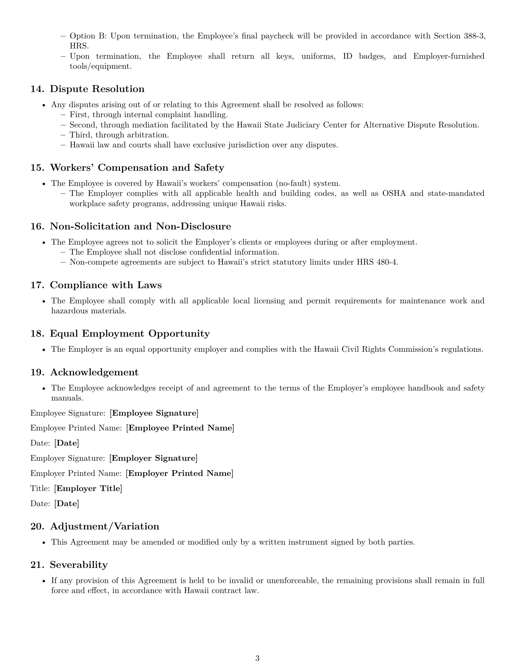 Preview page 3 of Free Hawaii maintenance technician employment contract template
