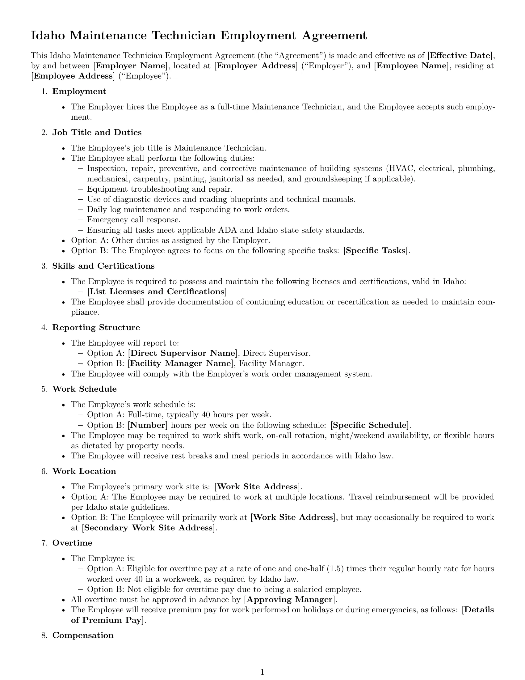 Preview page 1 of Free Idaho maintenance technician employment contract template