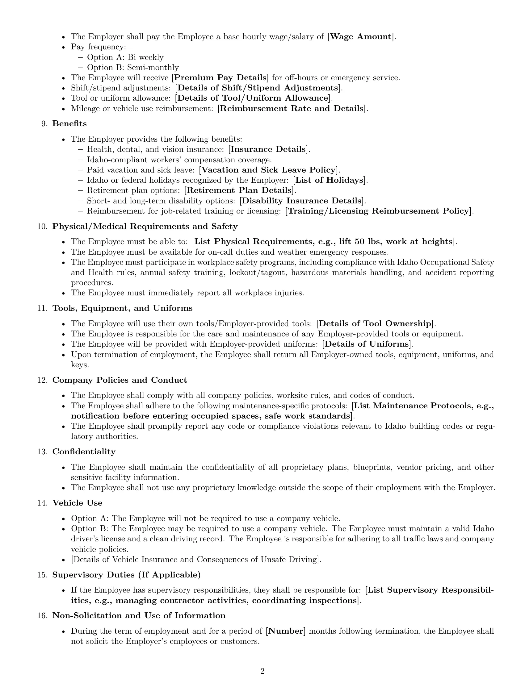 Preview page 2 of Free Idaho maintenance technician employment contract template