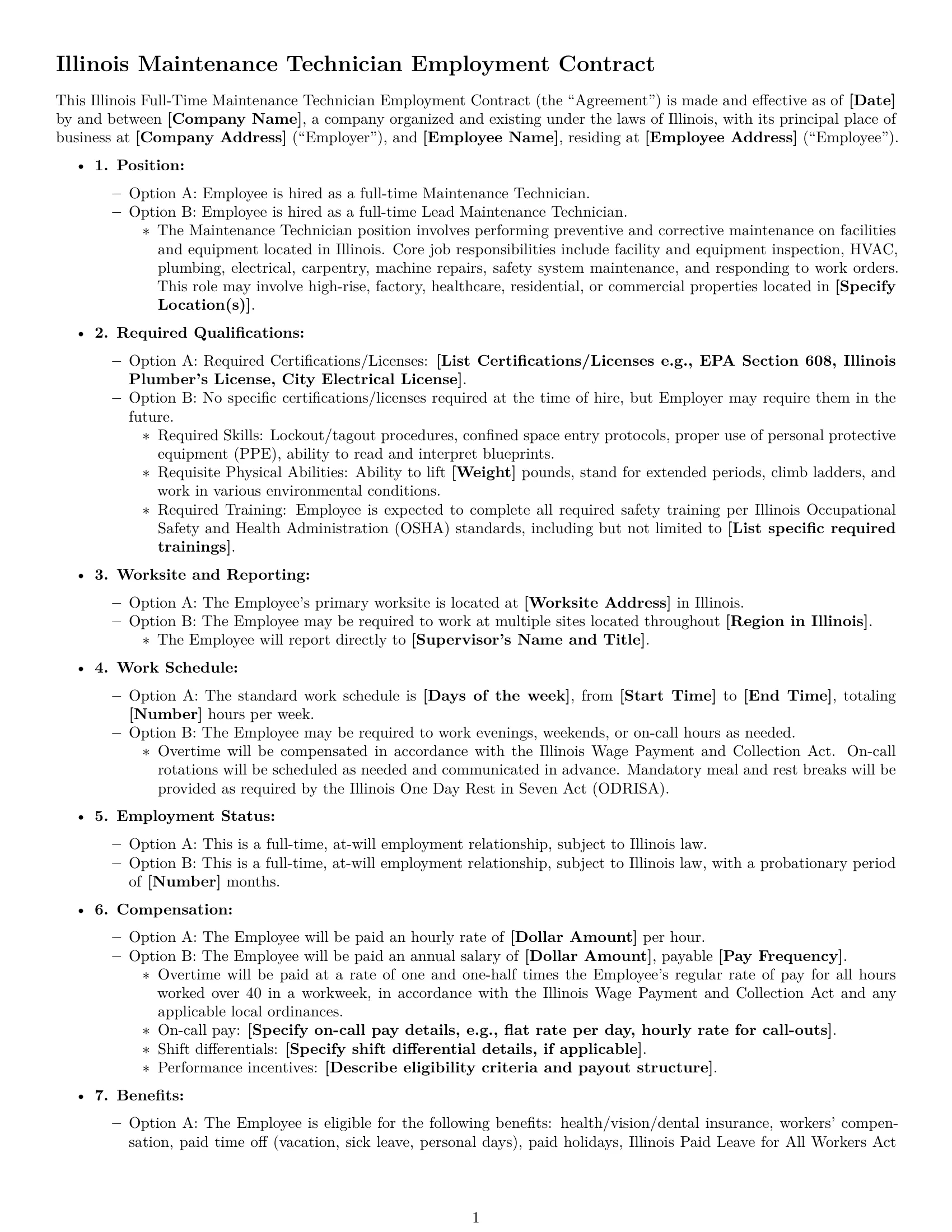 Preview page 1 of Free Illinois maintenance technician employment contract template