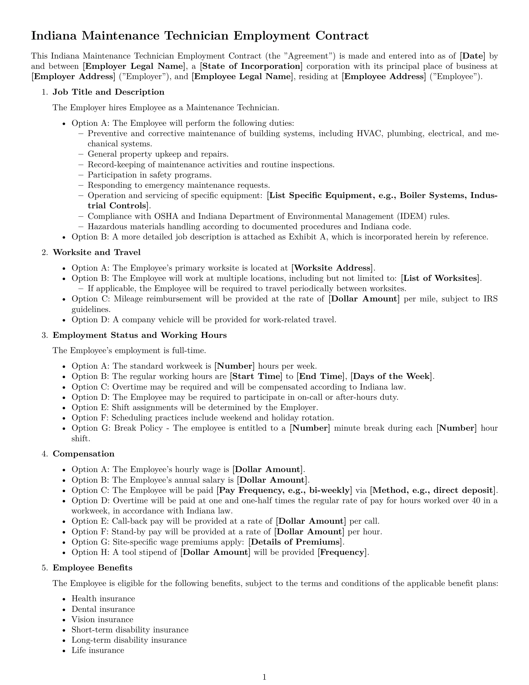 Preview page 1 of Free Indiana maintenance technician employment contract template