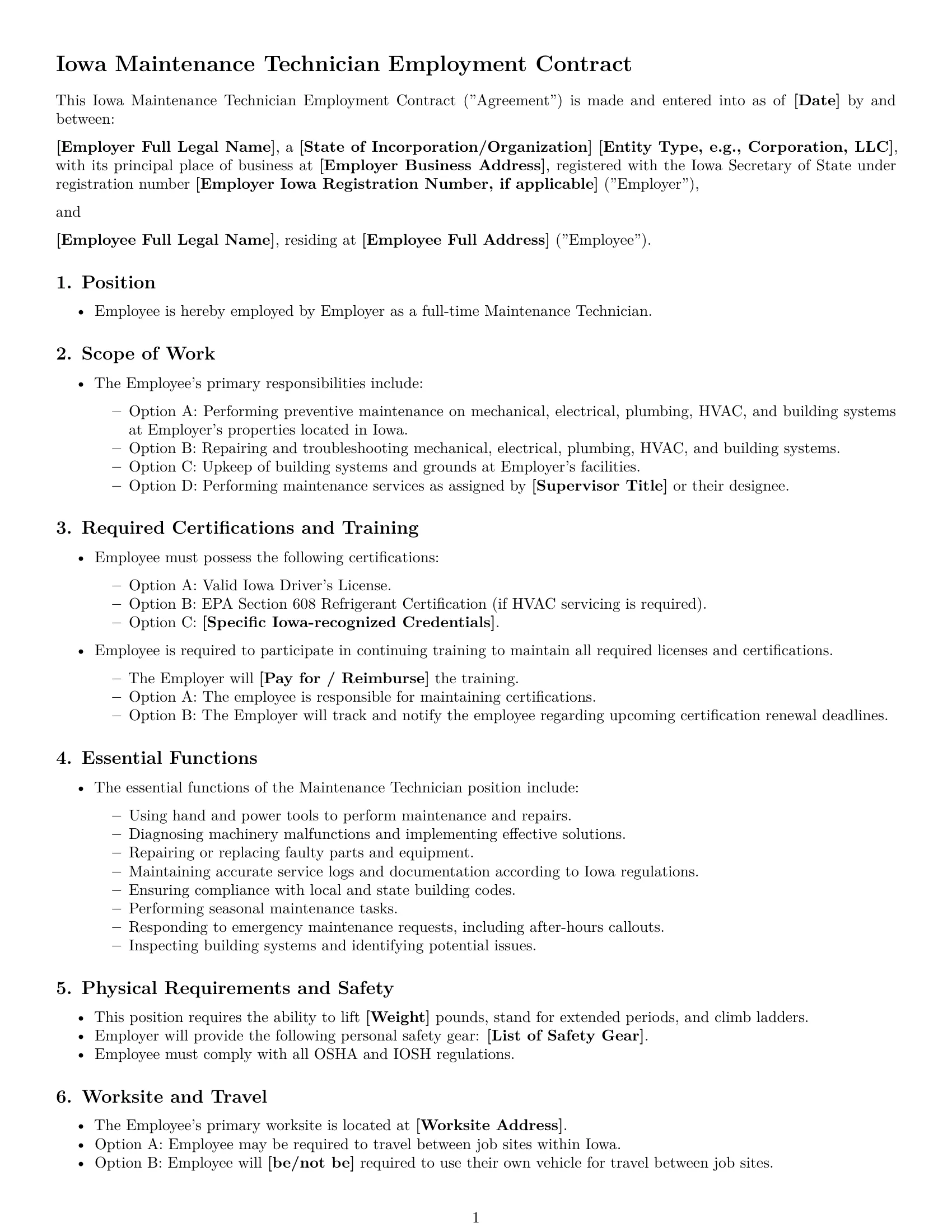 Preview page 1 of Free Iowa maintenance technician employment contract template