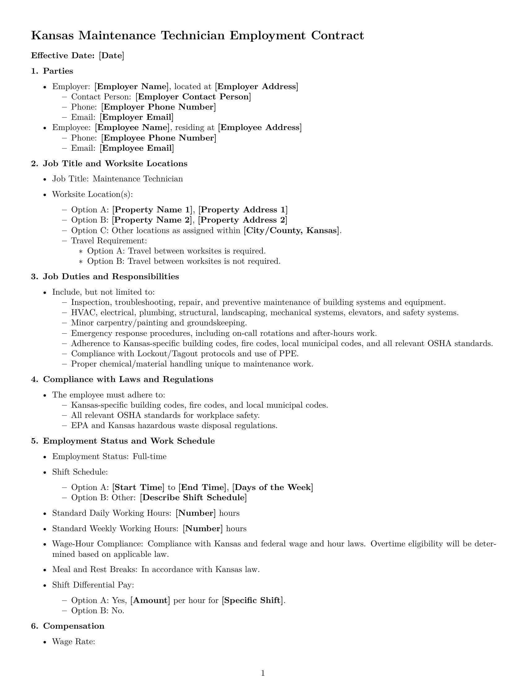 Preview page 1 of Free Kansas maintenance technician employment contract template