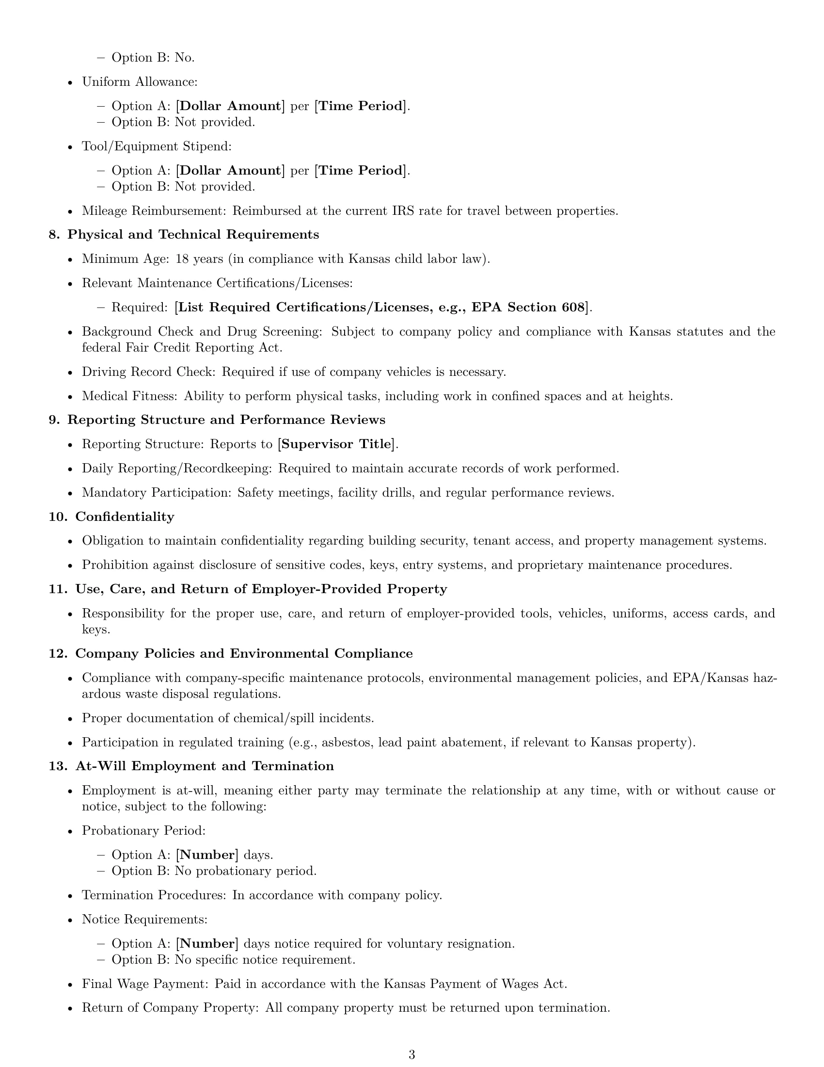 Preview page 3 of Free Kansas maintenance technician employment contract template