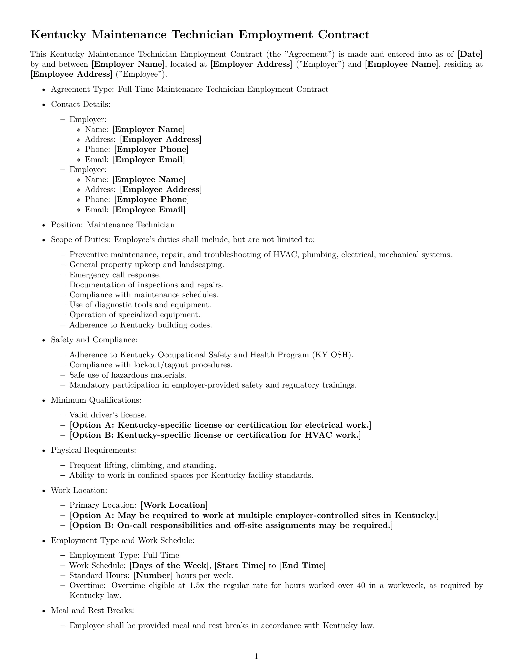 Preview page 1 of Free Kentucky maintenance technician employment contract template
