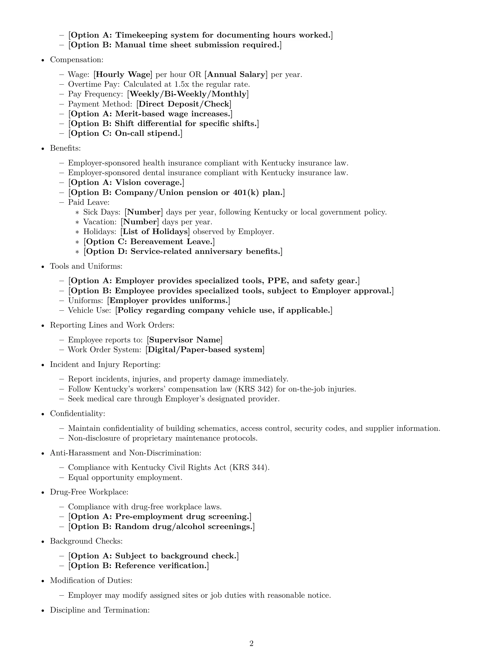 Preview page 2 of Free Kentucky maintenance technician employment contract template