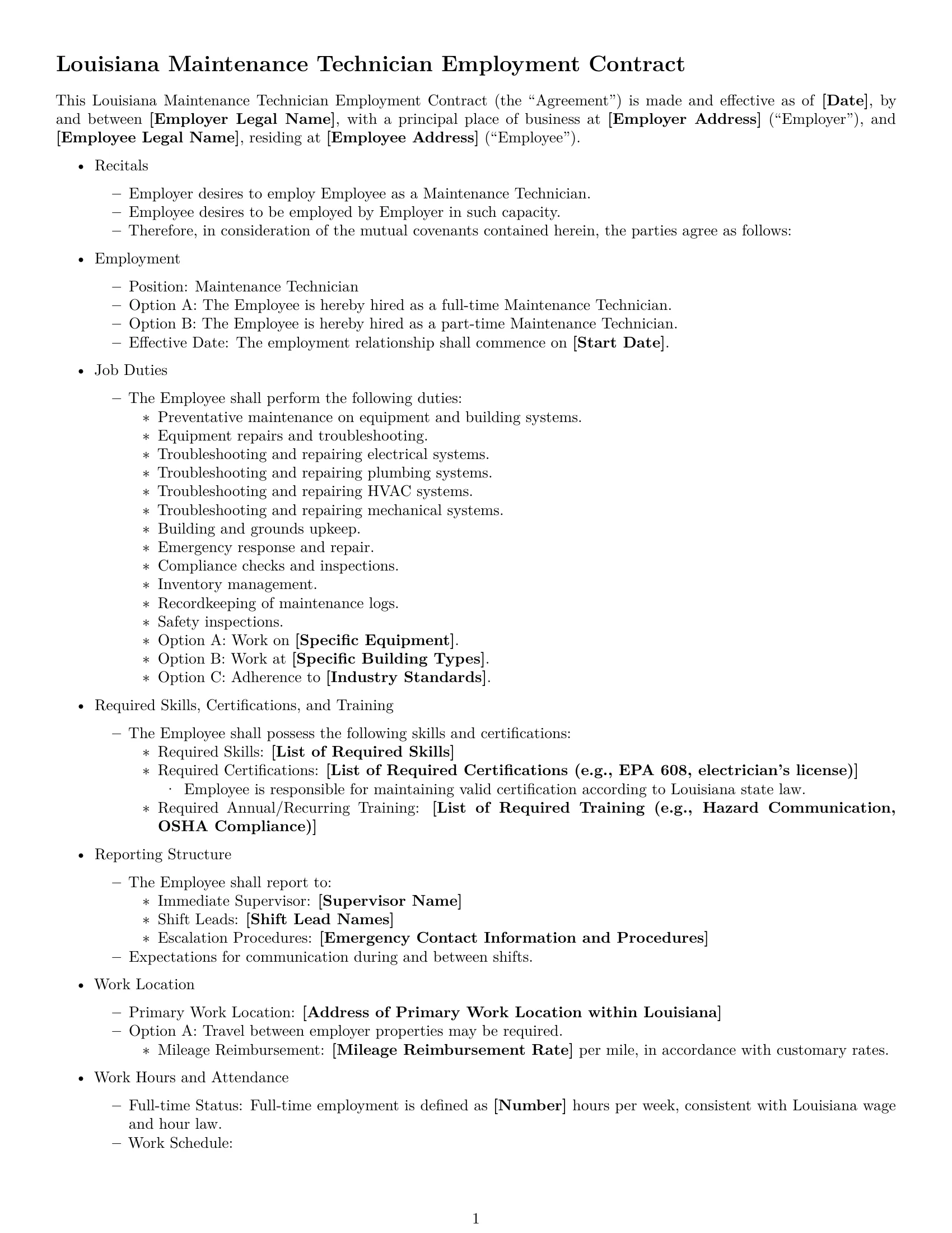 Preview page 1 of Free Louisiana maintenance technician employment contract template