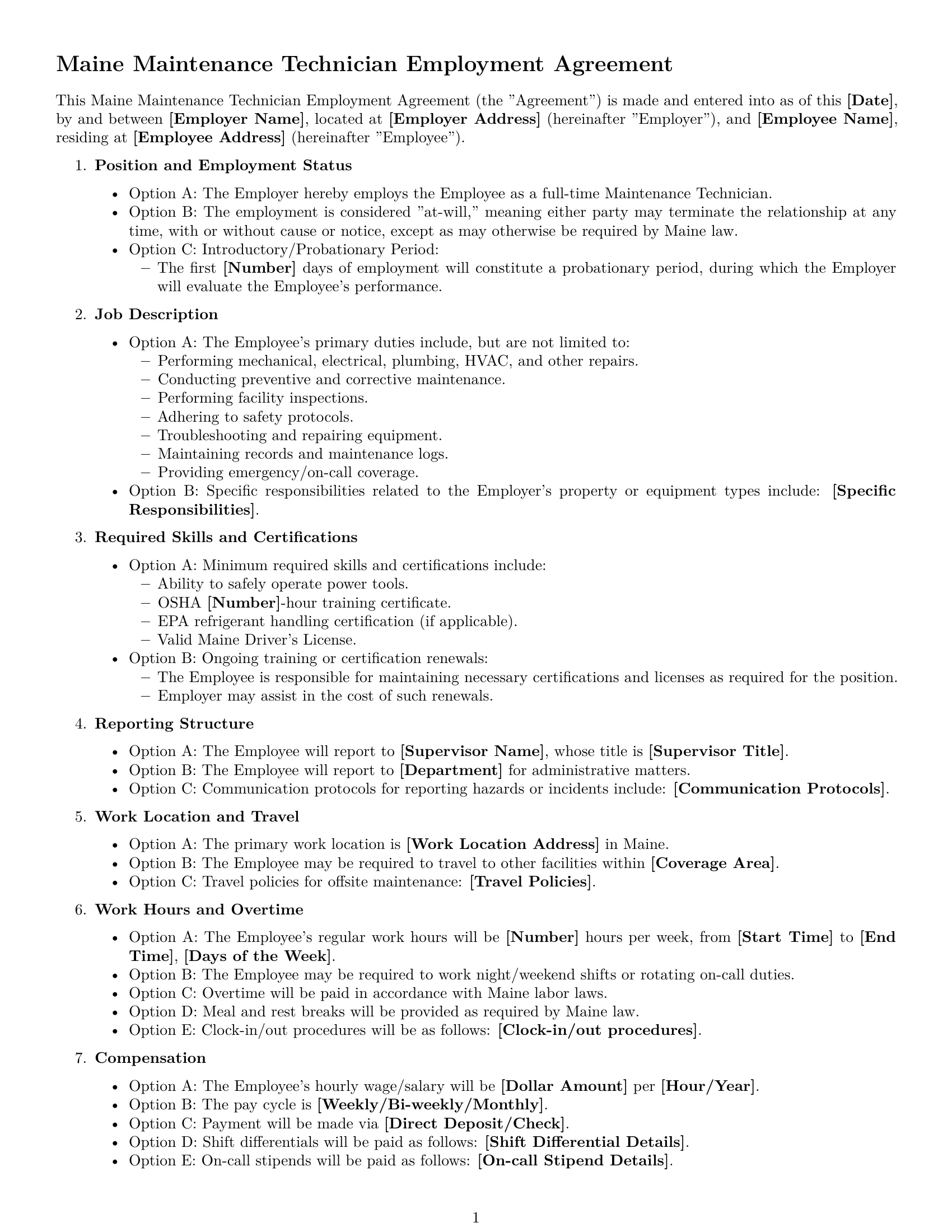 Preview page 1 of Free Maine maintenance technician employment contract template