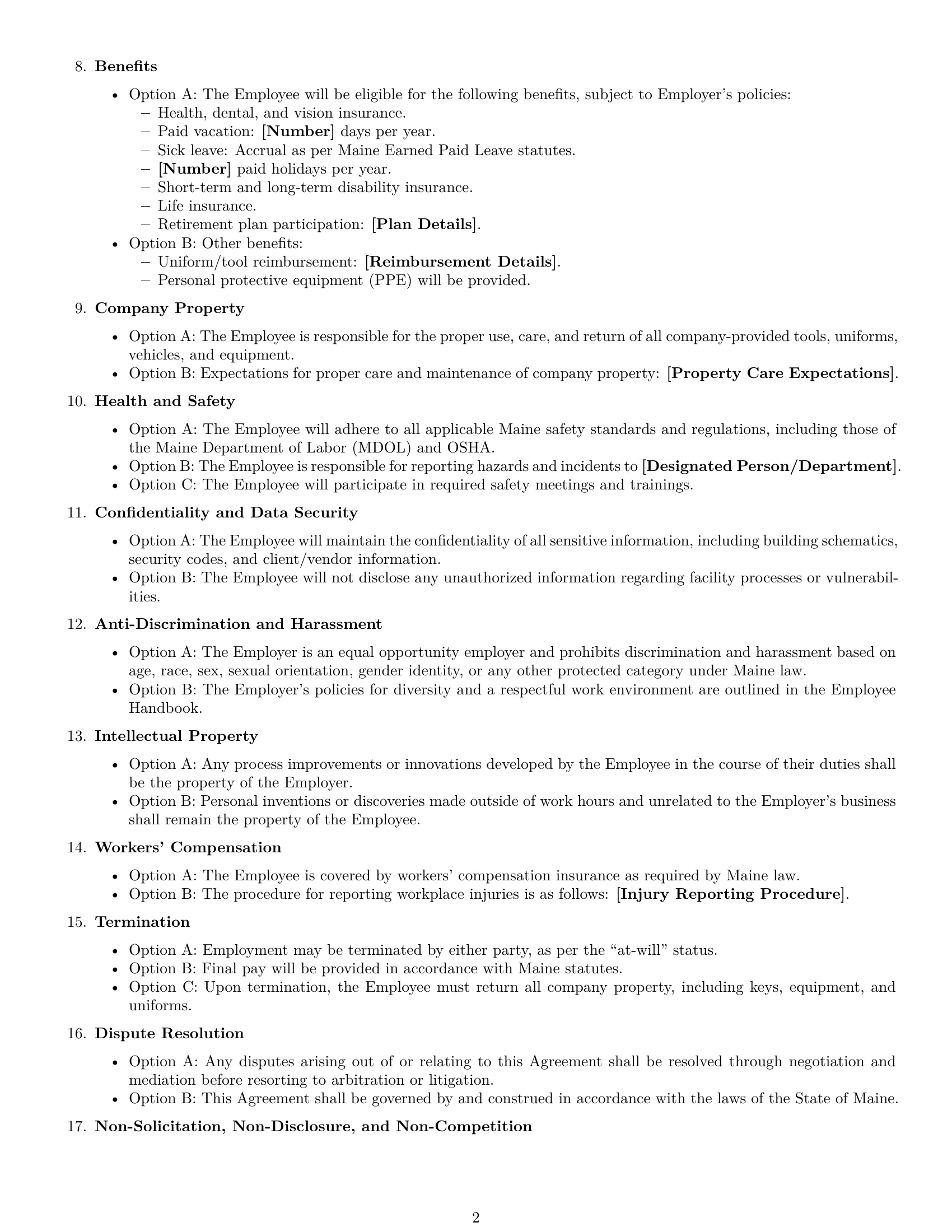 Preview page 2 of Free Maine maintenance technician employment contract template