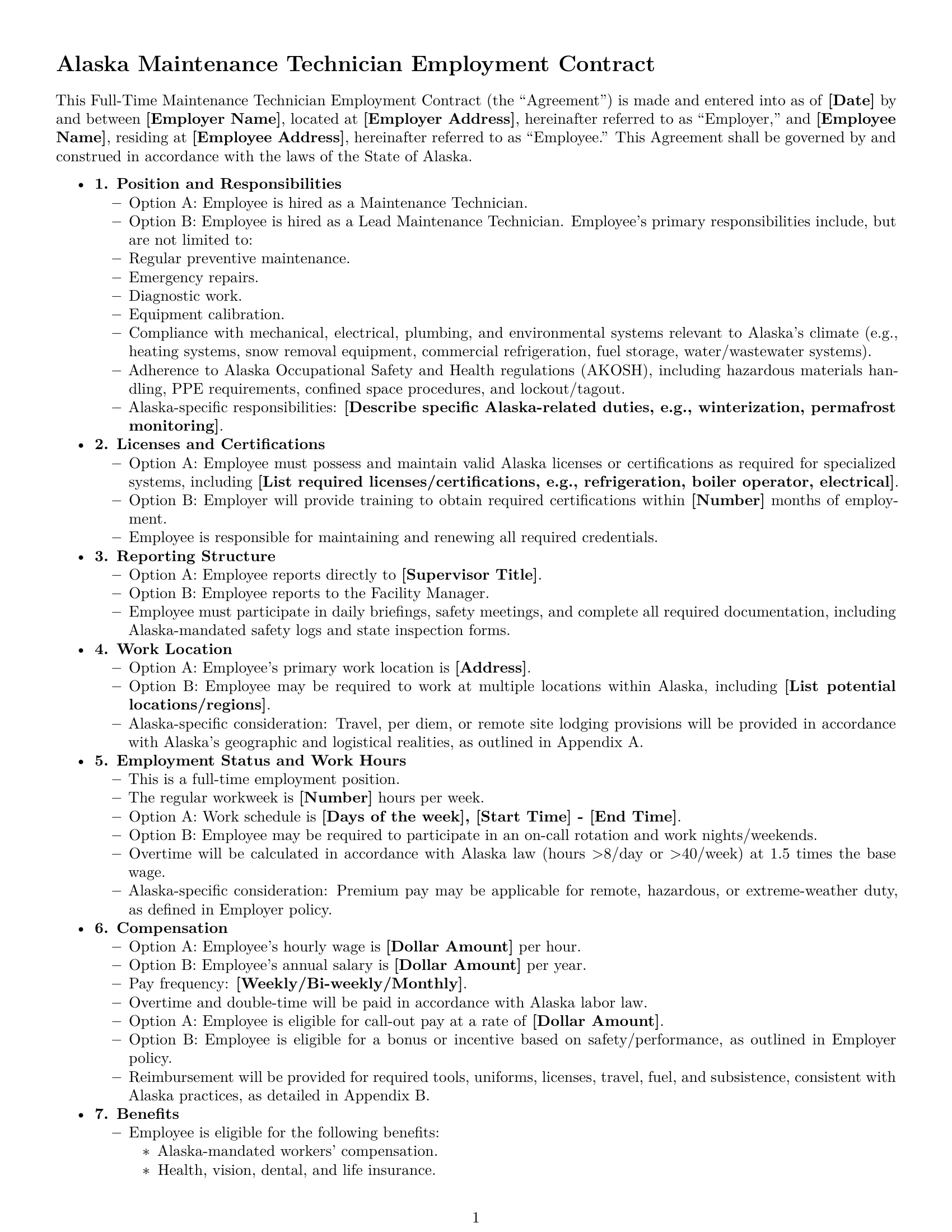 Preview page 1 of Free Alaska maintenance technician employment contract template