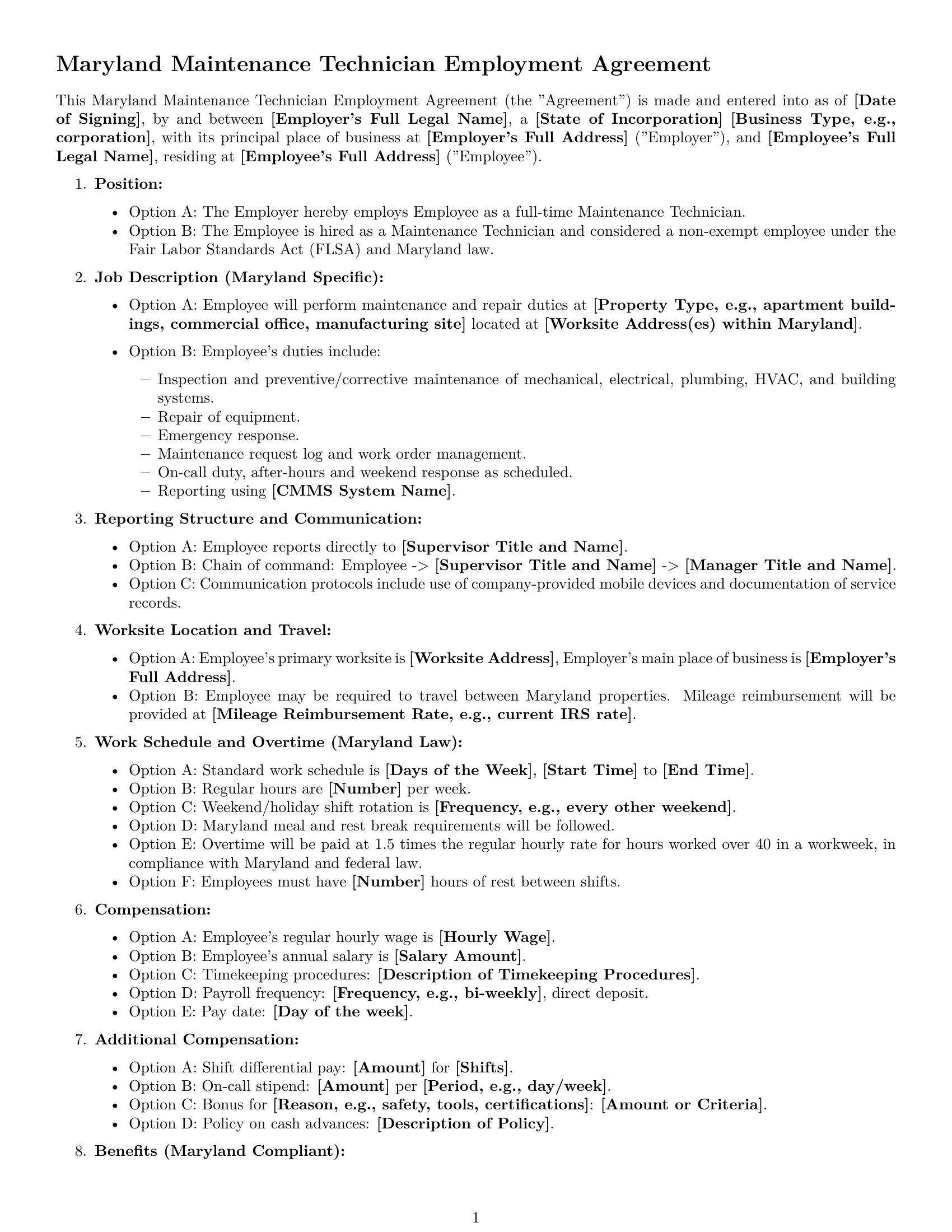 Preview page 1 of Free Maryland maintenance technician employment contract template