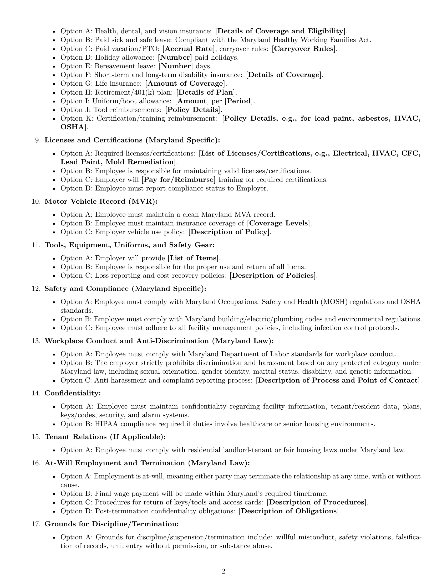 Preview page 2 of Free Maryland maintenance technician employment contract template