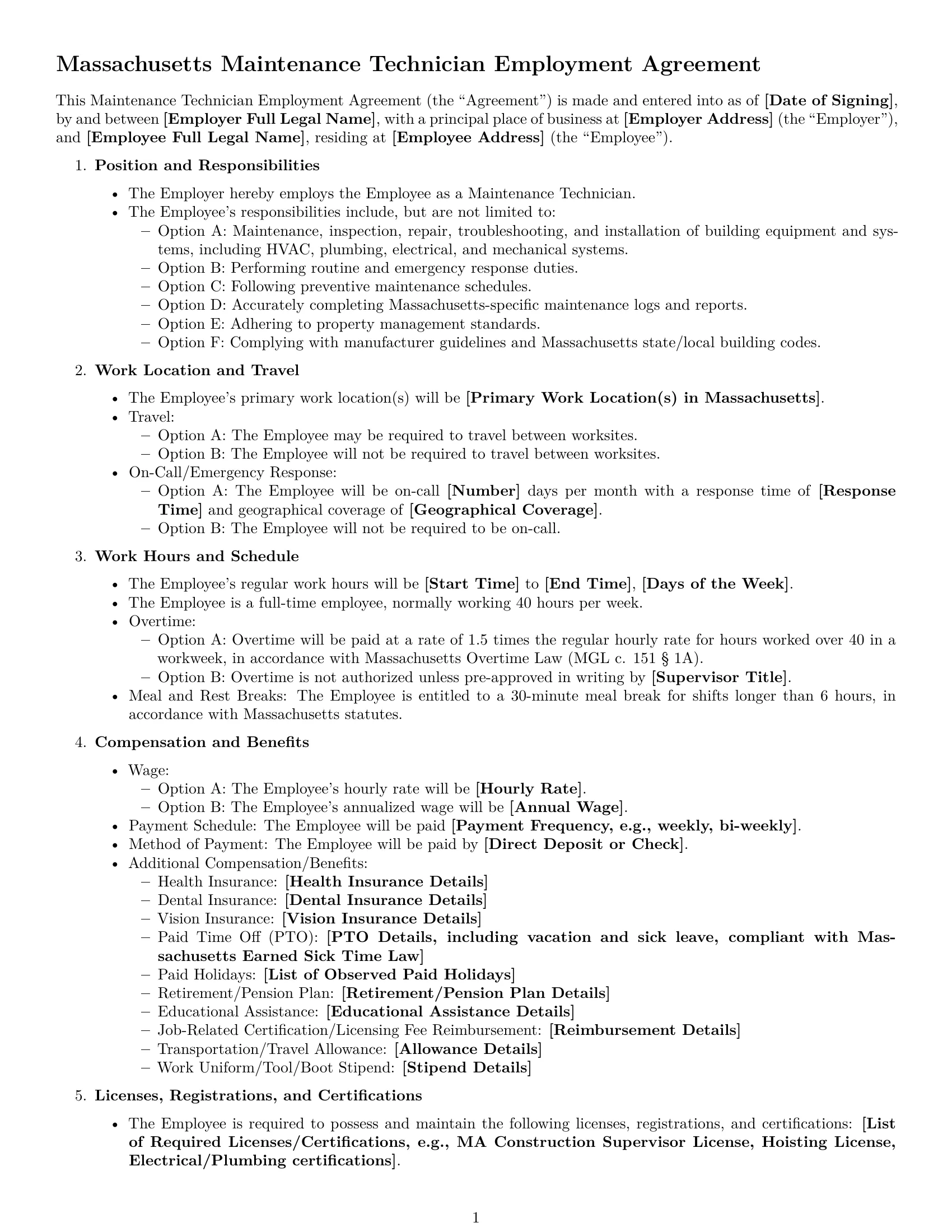 Preview page 1 of Free Massachusetts maintenance technician employment contract template
