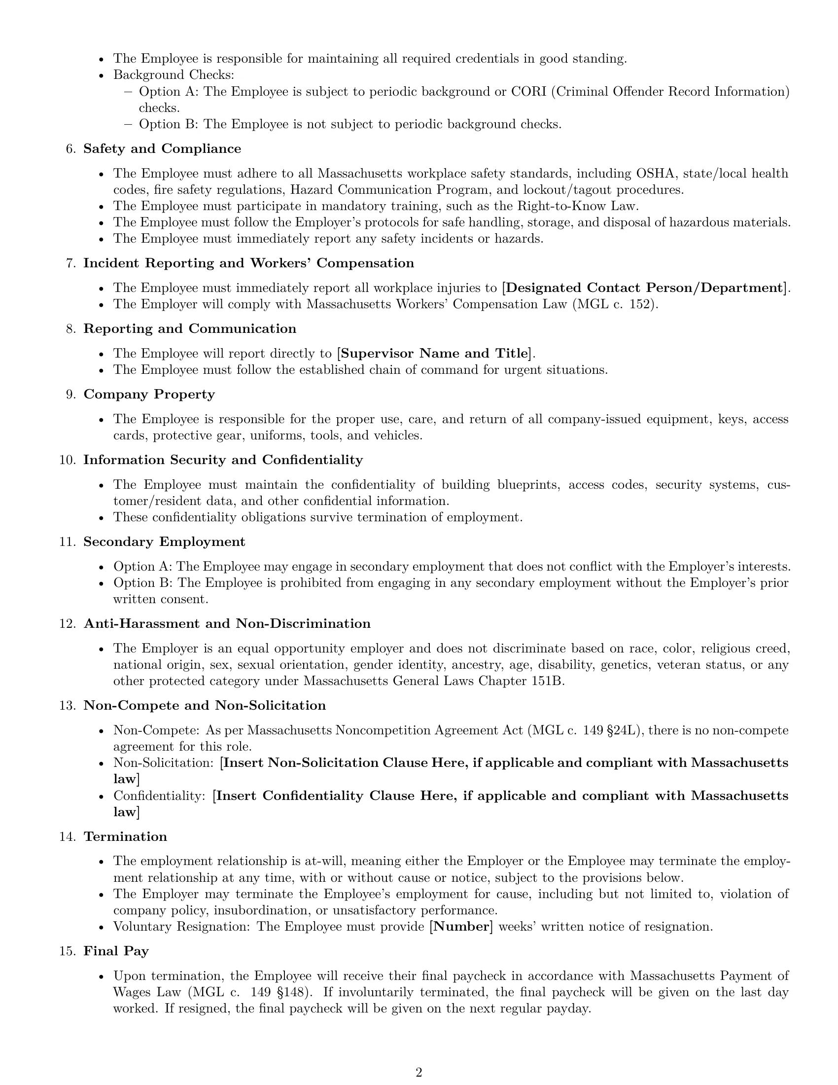 Preview page 2 of Free Massachusetts maintenance technician employment contract template