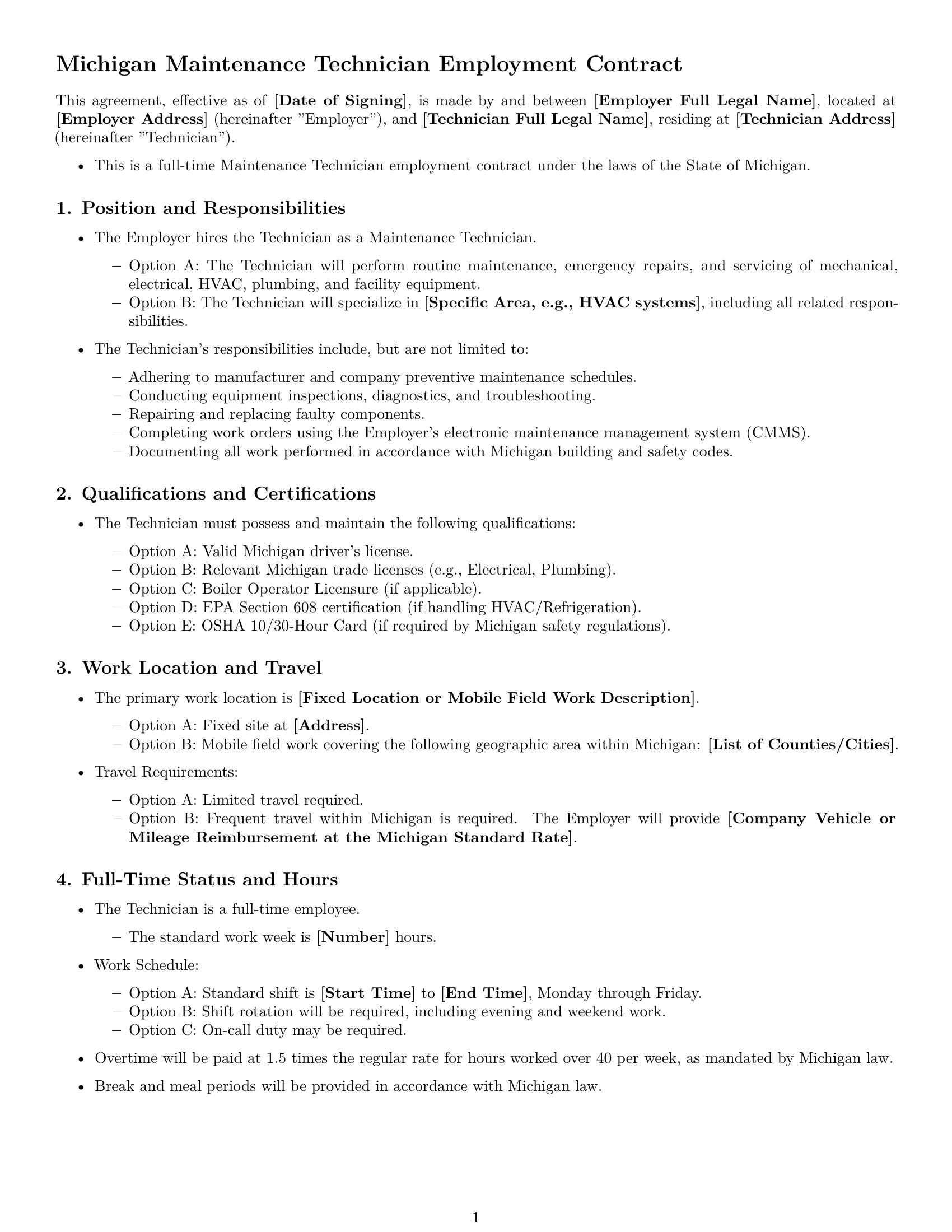 Preview page 1 of Free Michigan maintenance technician employment contract template