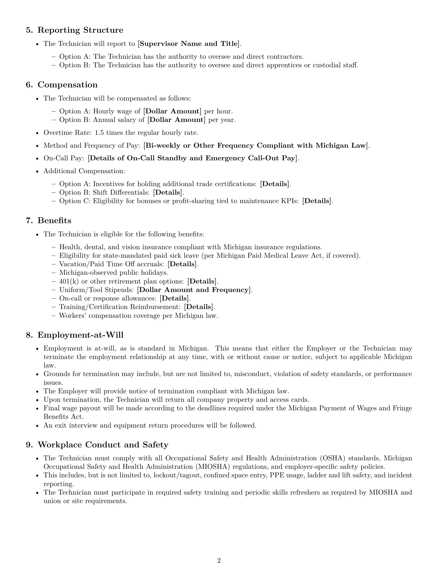 Preview page 2 of Free Michigan maintenance technician employment contract template