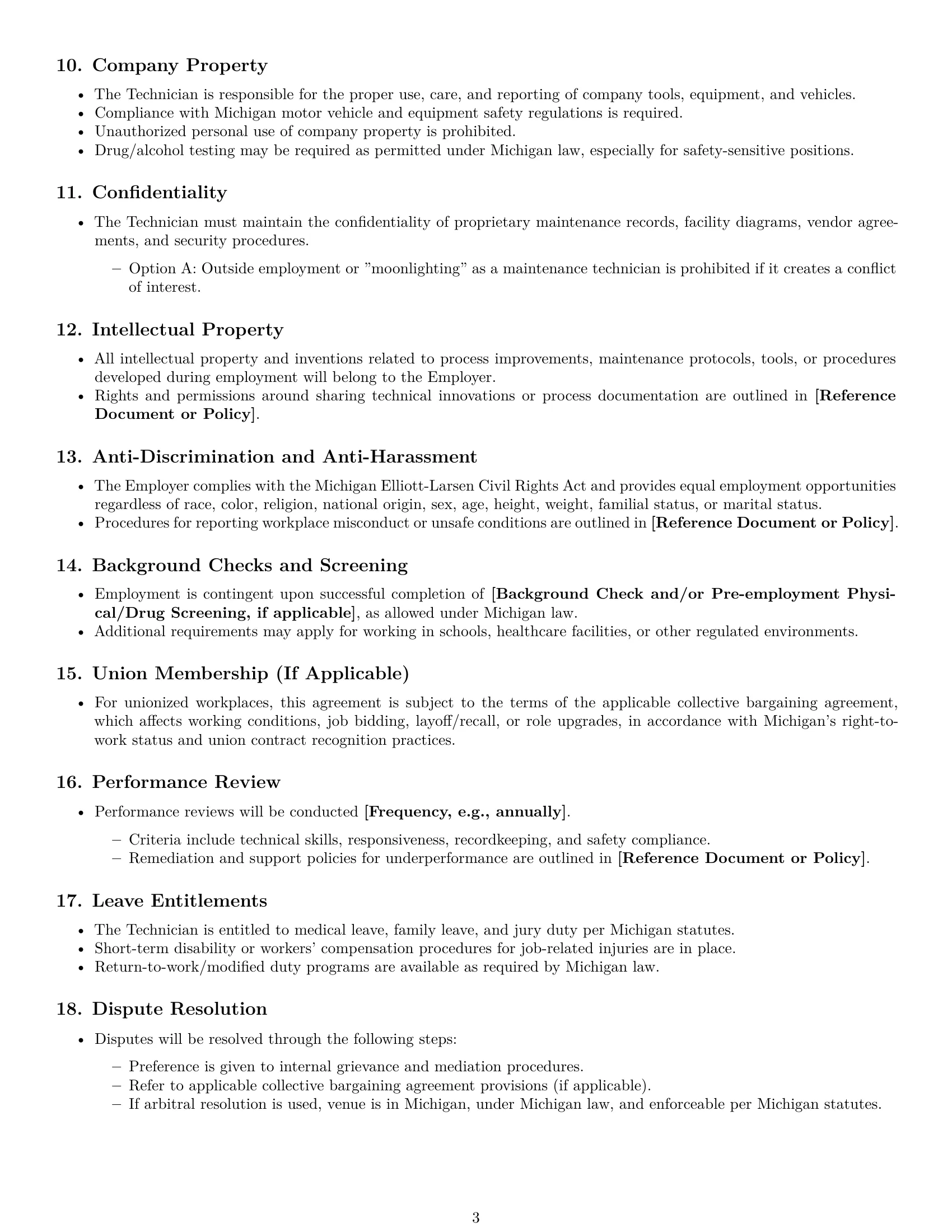 Preview page 3 of Free Michigan maintenance technician employment contract template