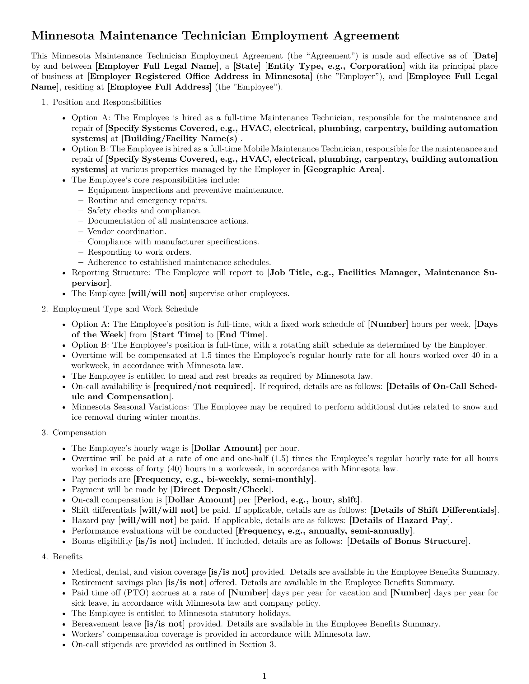 Preview page 1 of Free Minnesota maintenance technician employment contract template