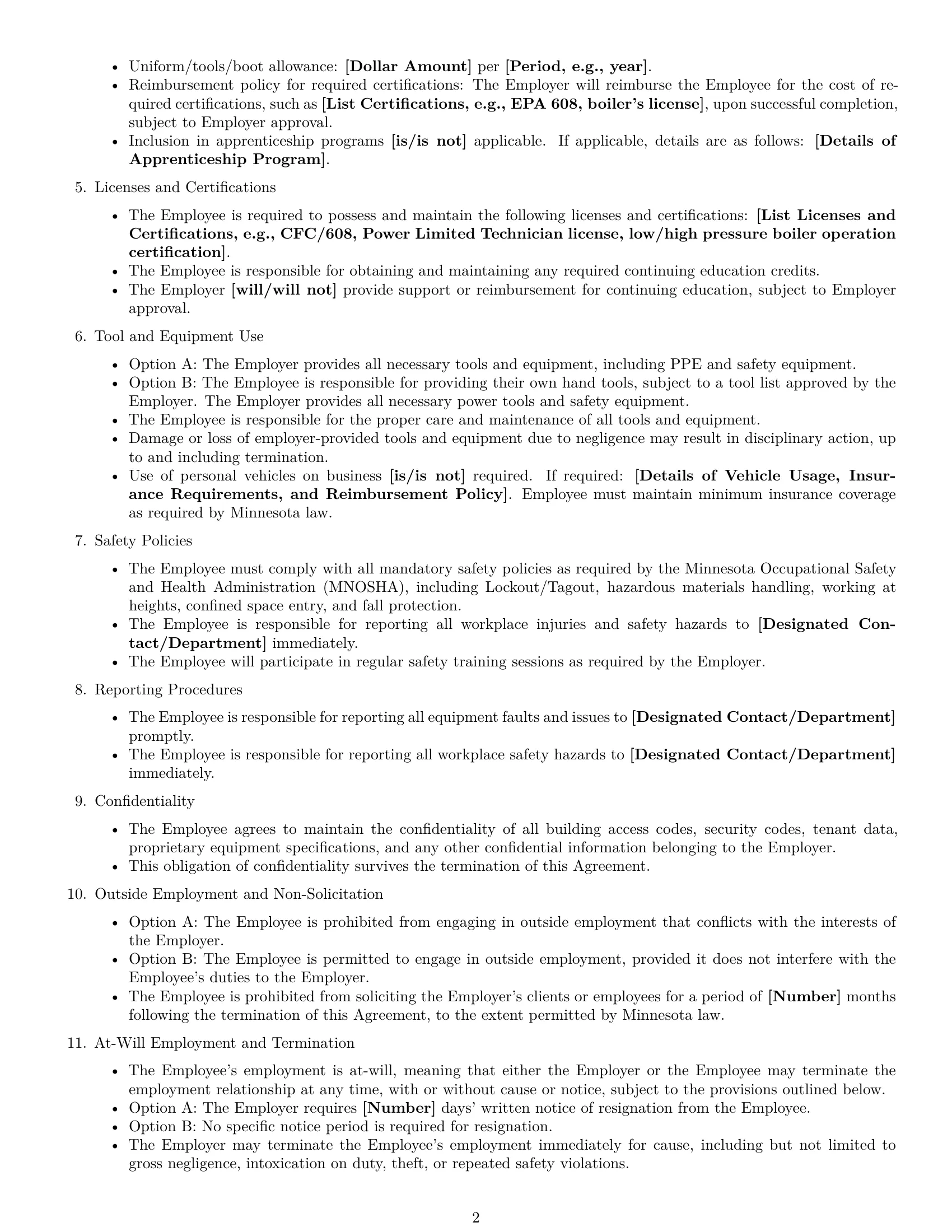 Preview page 2 of Free Minnesota maintenance technician employment contract template