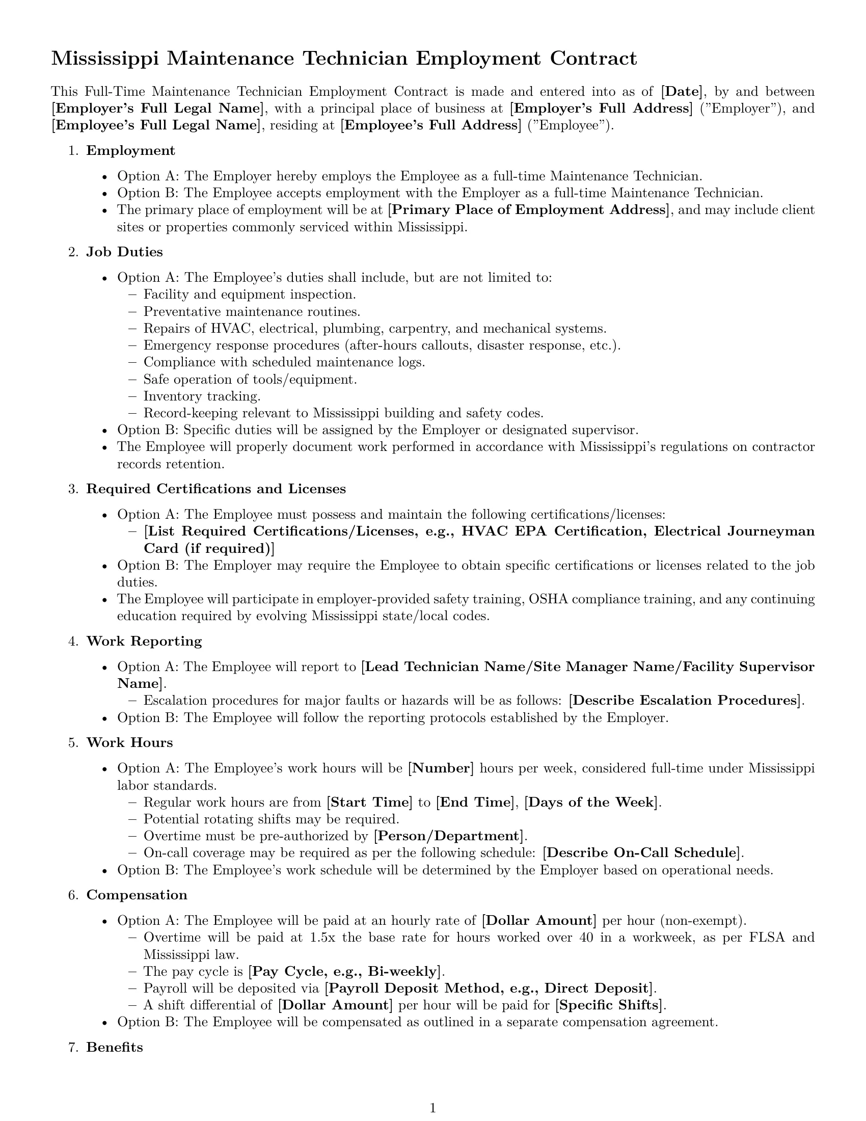Preview page 1 of Free Mississippi maintenance technician employment contract template