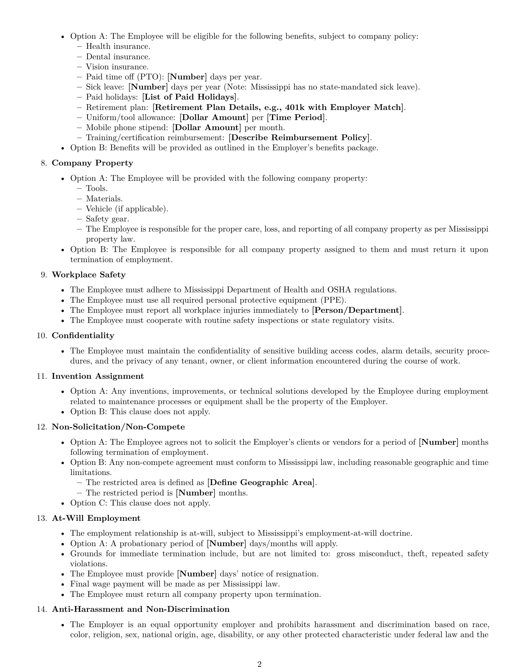 Preview page 2 of Free Mississippi maintenance technician employment contract template